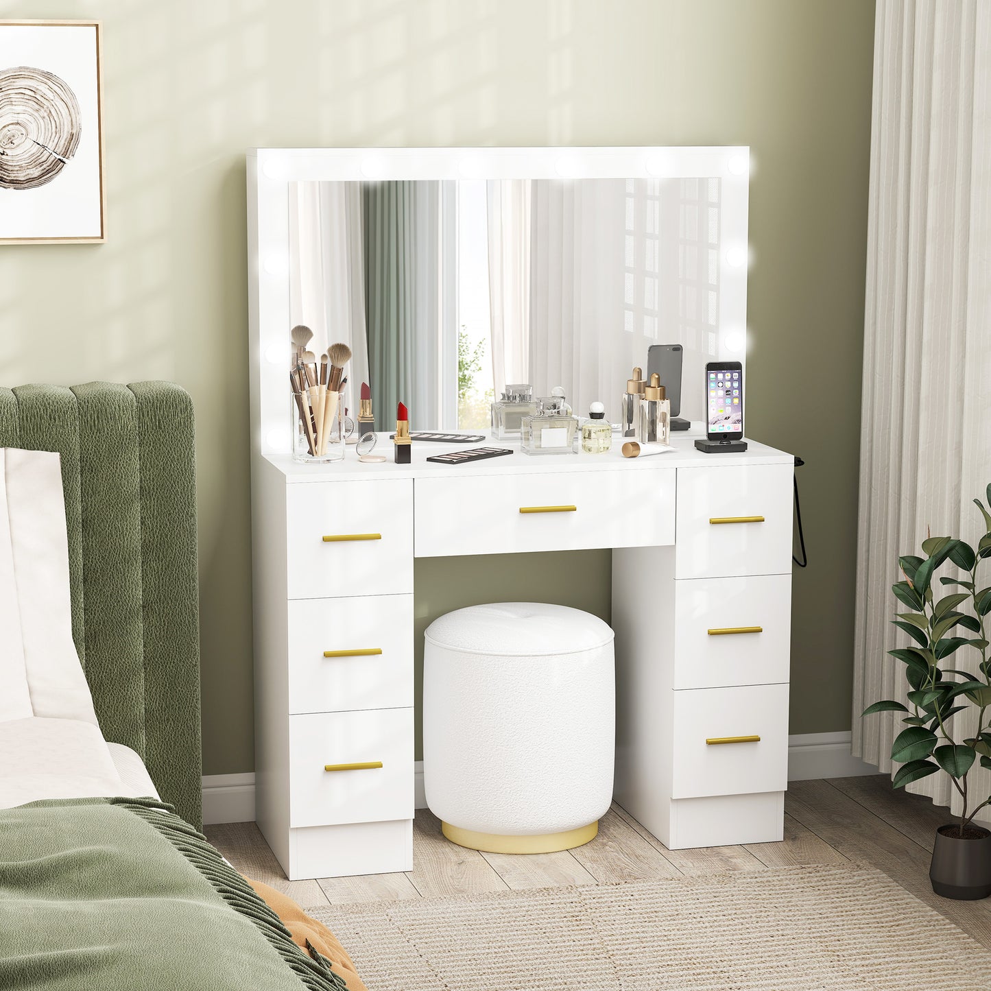 HOMCOM Makeup Vanity Desk with Mirror and Lights, Dressing Table with 7 Drawers, 6 Hidden Sliding Storage Compartments, White