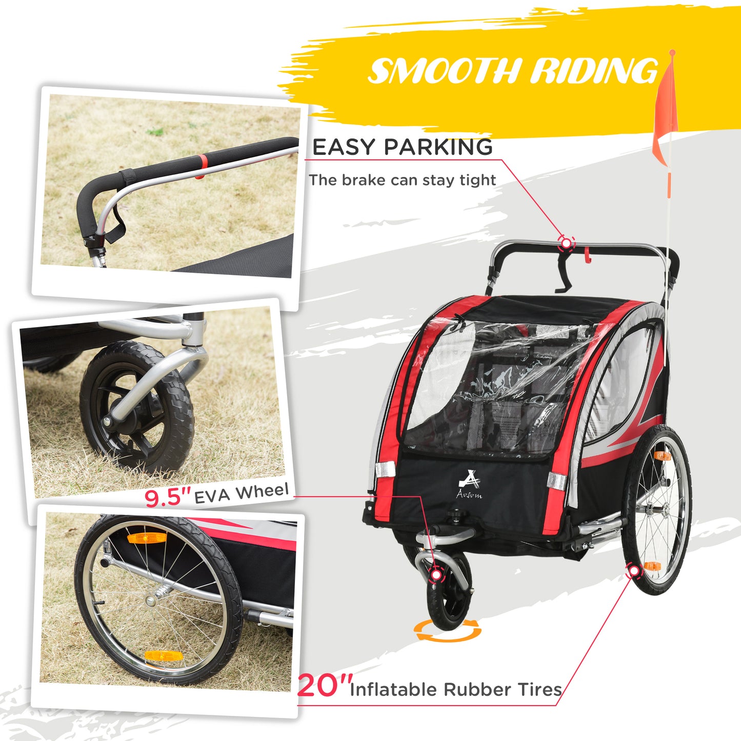 Aosom 2 Seat Bike Trailer for Kids 2-in-1 Double Baby Jogging Stroller with Handbrake, Rubber Wheels, 5 Point Harness, Waterproof Cover, Storage Bag, Reflectors, Yellow