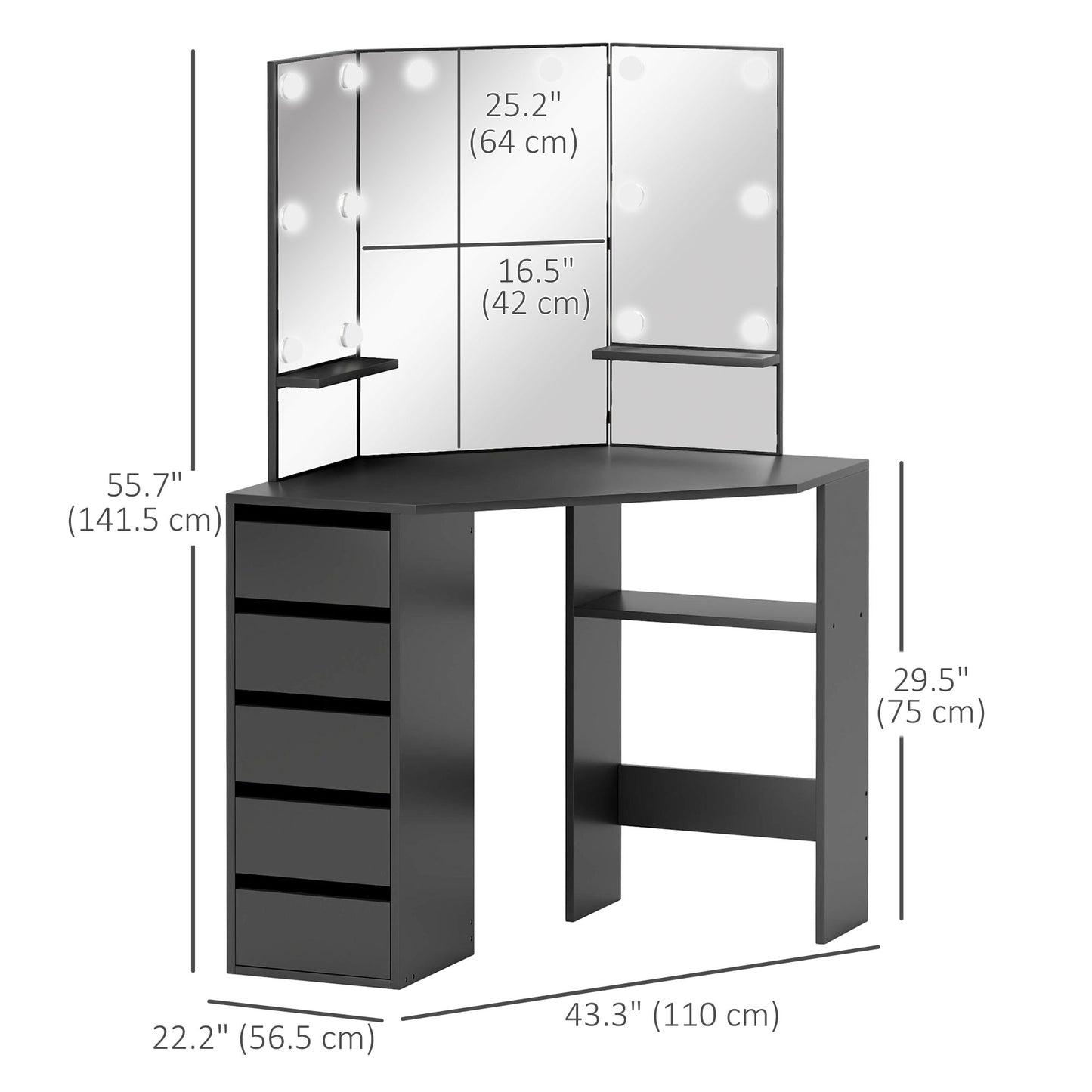 HOMCOM Makeup Vanity Desk with 3-Panel Mirror and 10 LED Lights, Dressing Table with 5 Drawers and Shelves for Bedroom, White