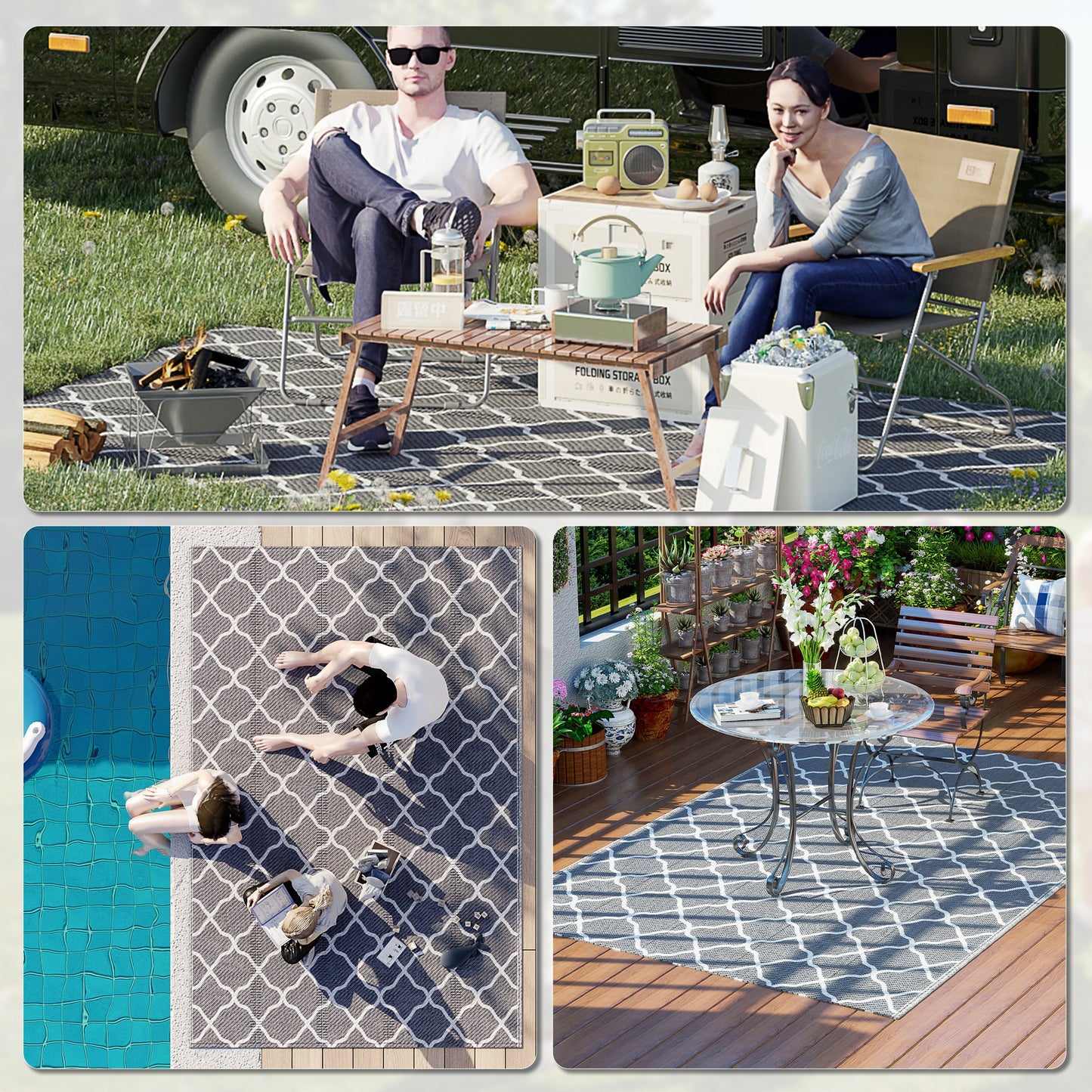 Outsunny Waterproof Outdoor Rug, 6' x 9' RV Rug Reversible Mat for Backyard, Deck, Picnic, Beach, Camping, Grey & White Net
