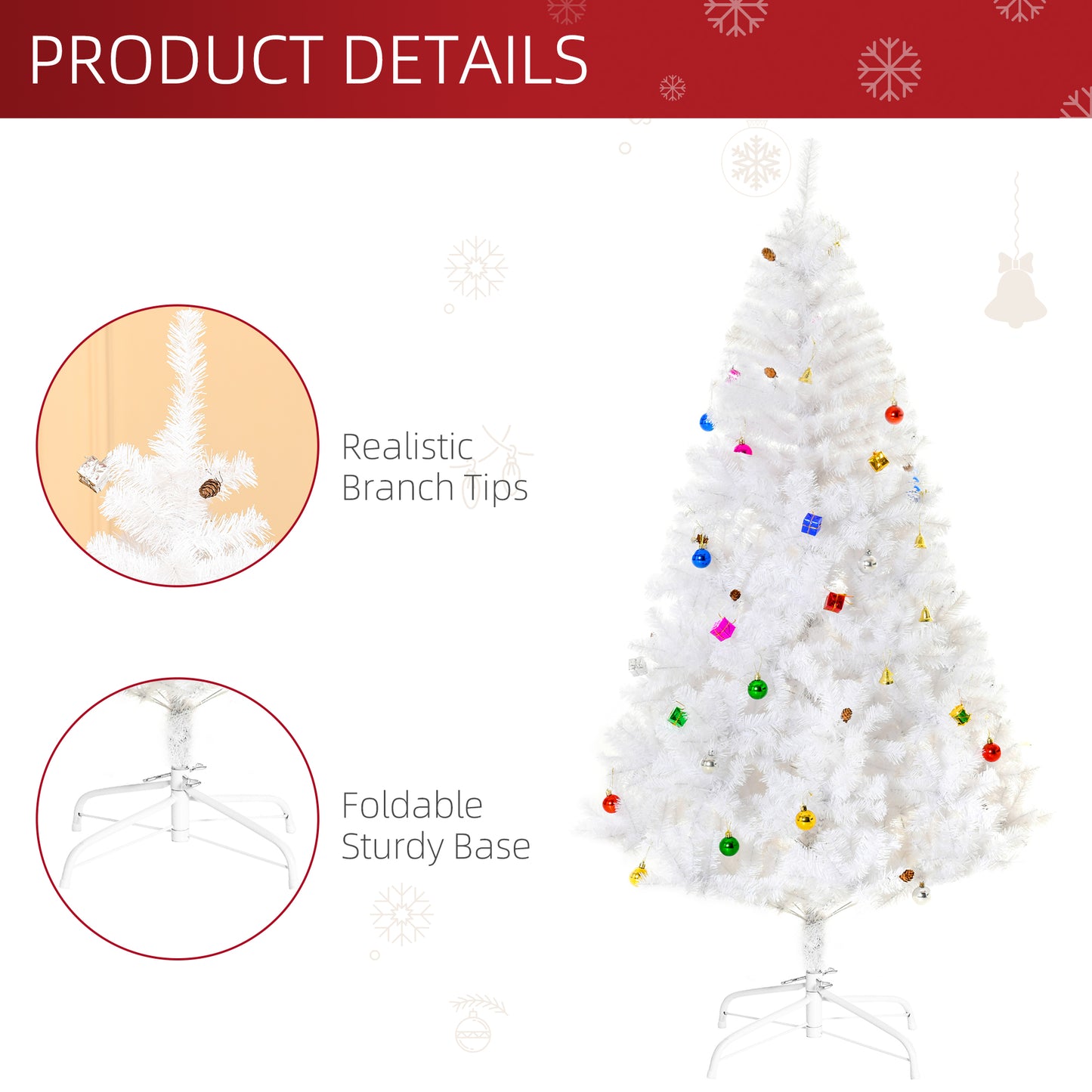 HOMCOM 5.9ft Artificial Christmas Tree Xmas Holidays Décor with Ornament White