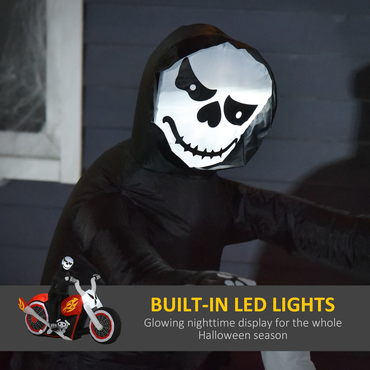 HOMCOM 6' Long Halloween Grim Reaper Flaming Motorcycle Outdoor LED Lighted Airblown Inflatable Decoration Holiday Seaon Garden Lawn Decor