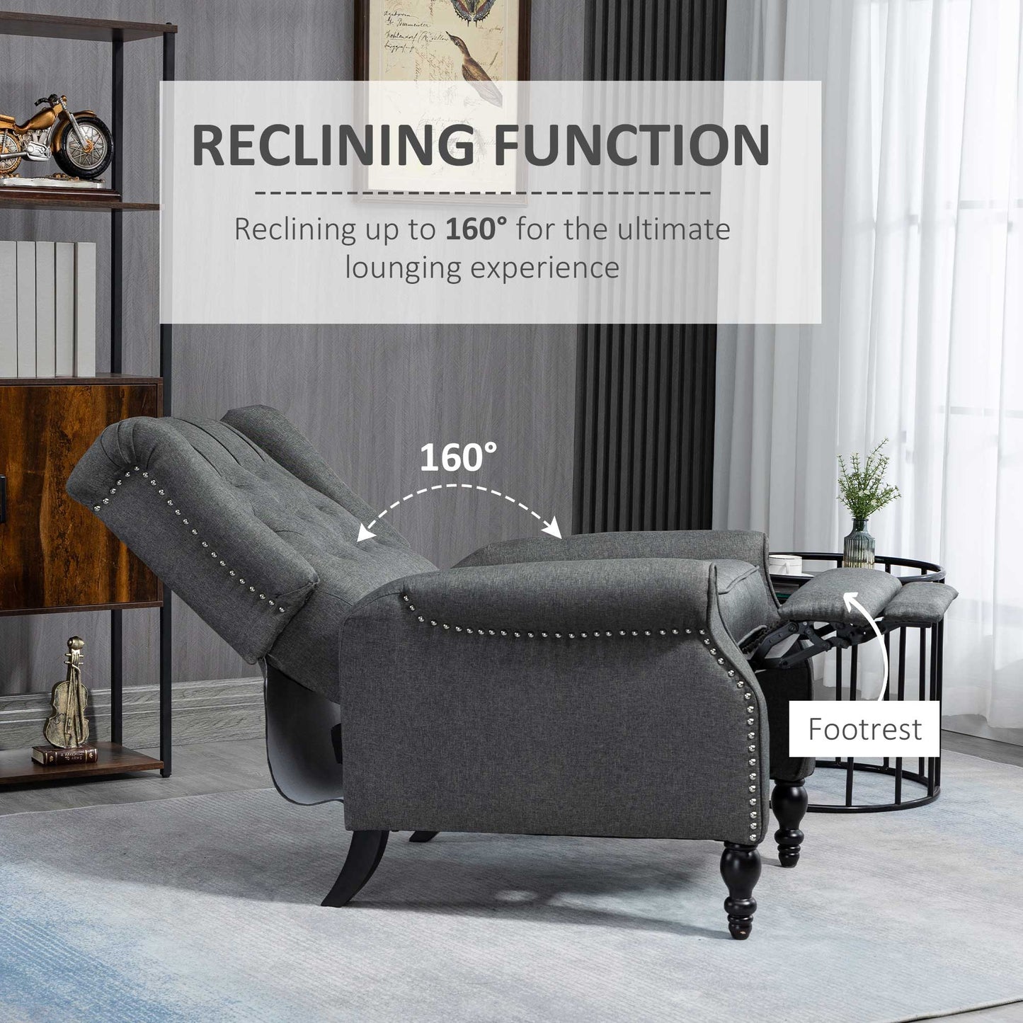 HOMCOM Wingback Reclining Chair with Footrest, Button Tufted Recliner Chair with Rolled Armrests for Living Room, Light Grey