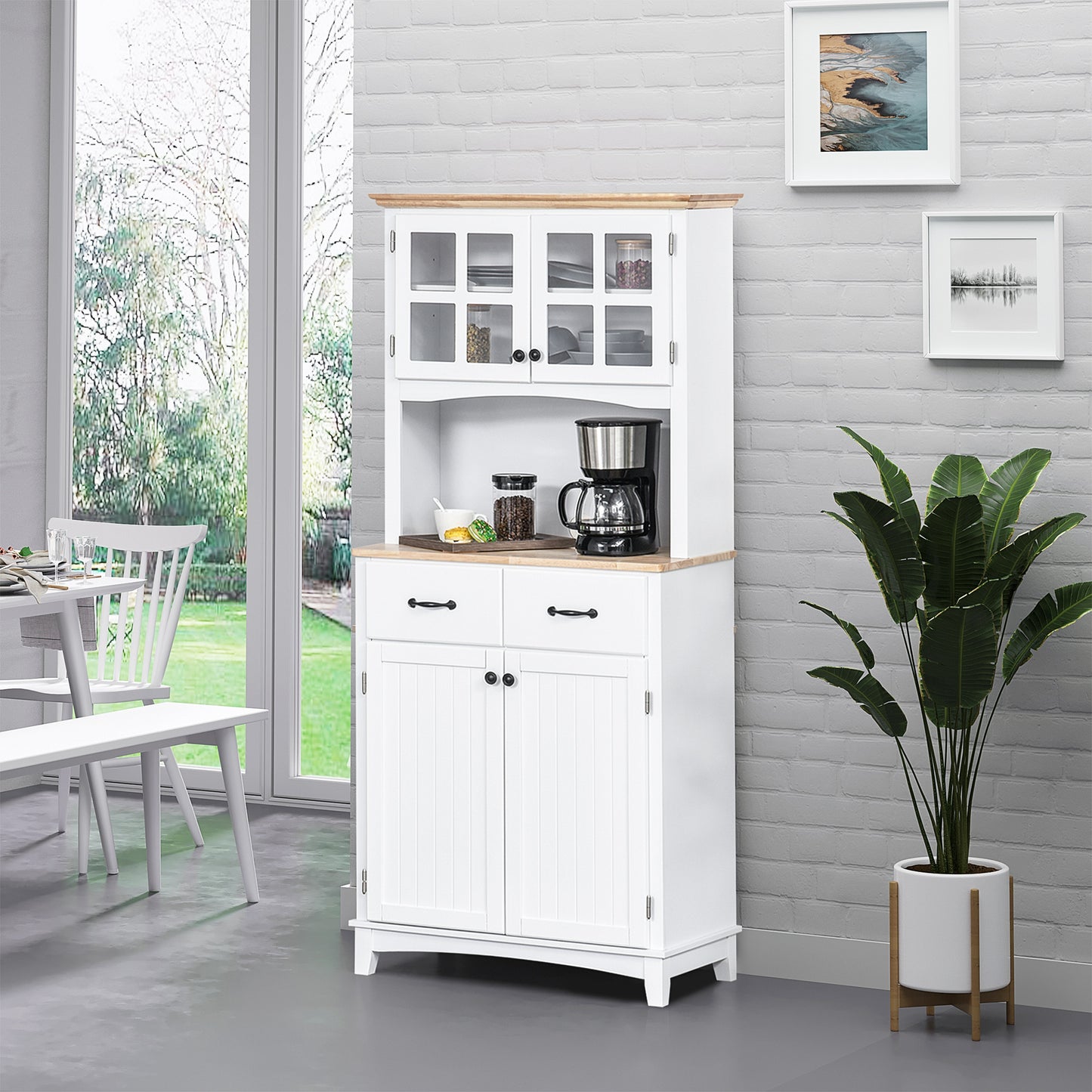 HOMCOM Coastal Style Kitchen Buffet and Hutch Wooden Storage Cabinet with Framed Glass Door Drawers Microwave Space for Dining Room Living Room White