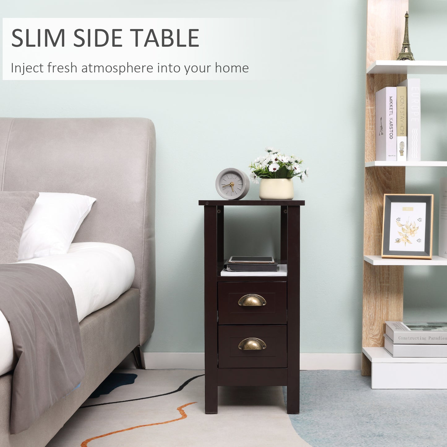HOMCOM Slim End Table with 2 Drawers and Storage Shelf, Sofa Side Table for Living Room, Narrow Nightstand, White