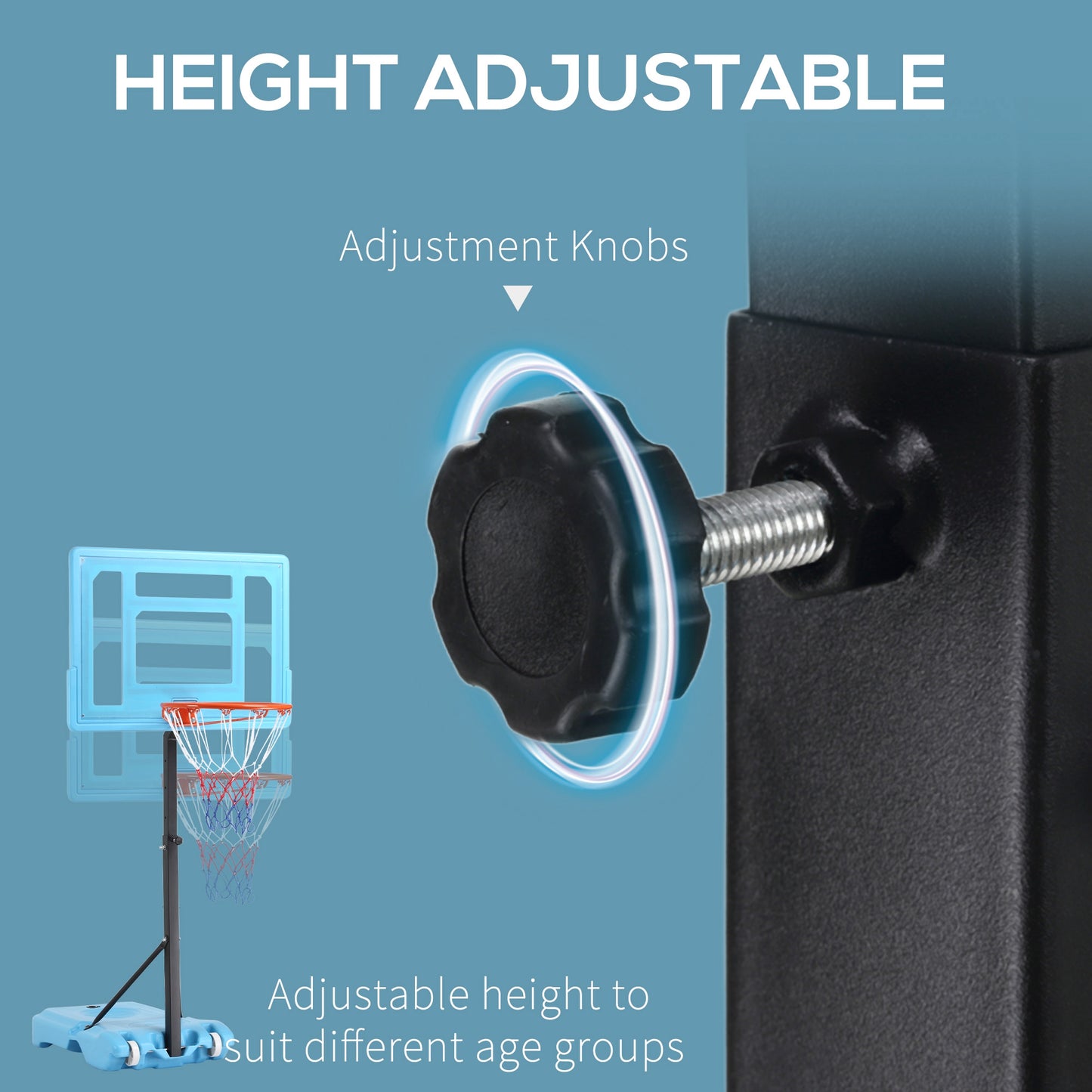 HOMCOM 51"-64" Height Adjustable Basketball System Poolside Hoop Stand Portable with Wheels