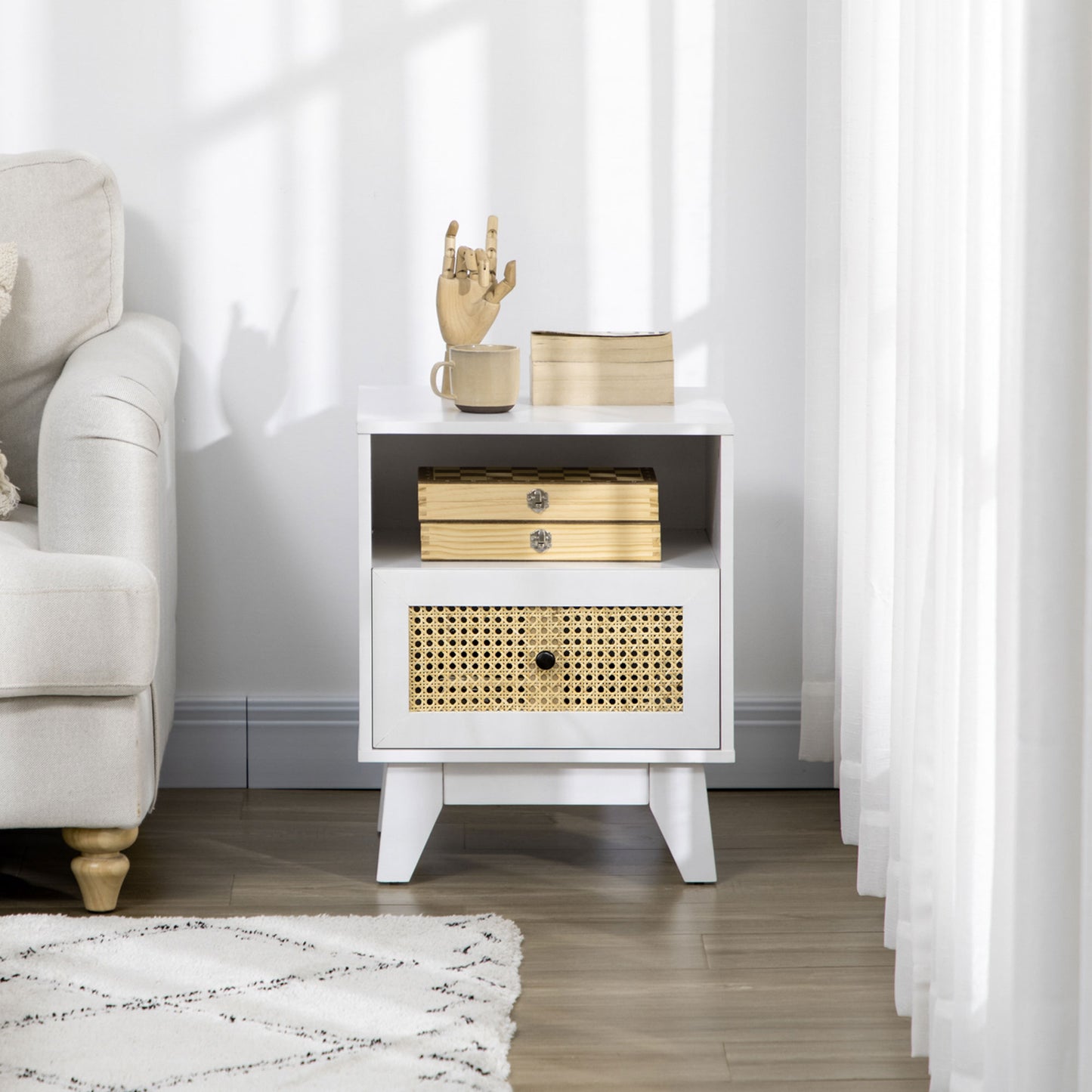 HOMCOM Bedside Table with Rattan Element, Side End Table with Drawer and Shelf, 17.7"x15.4"x22.2", White