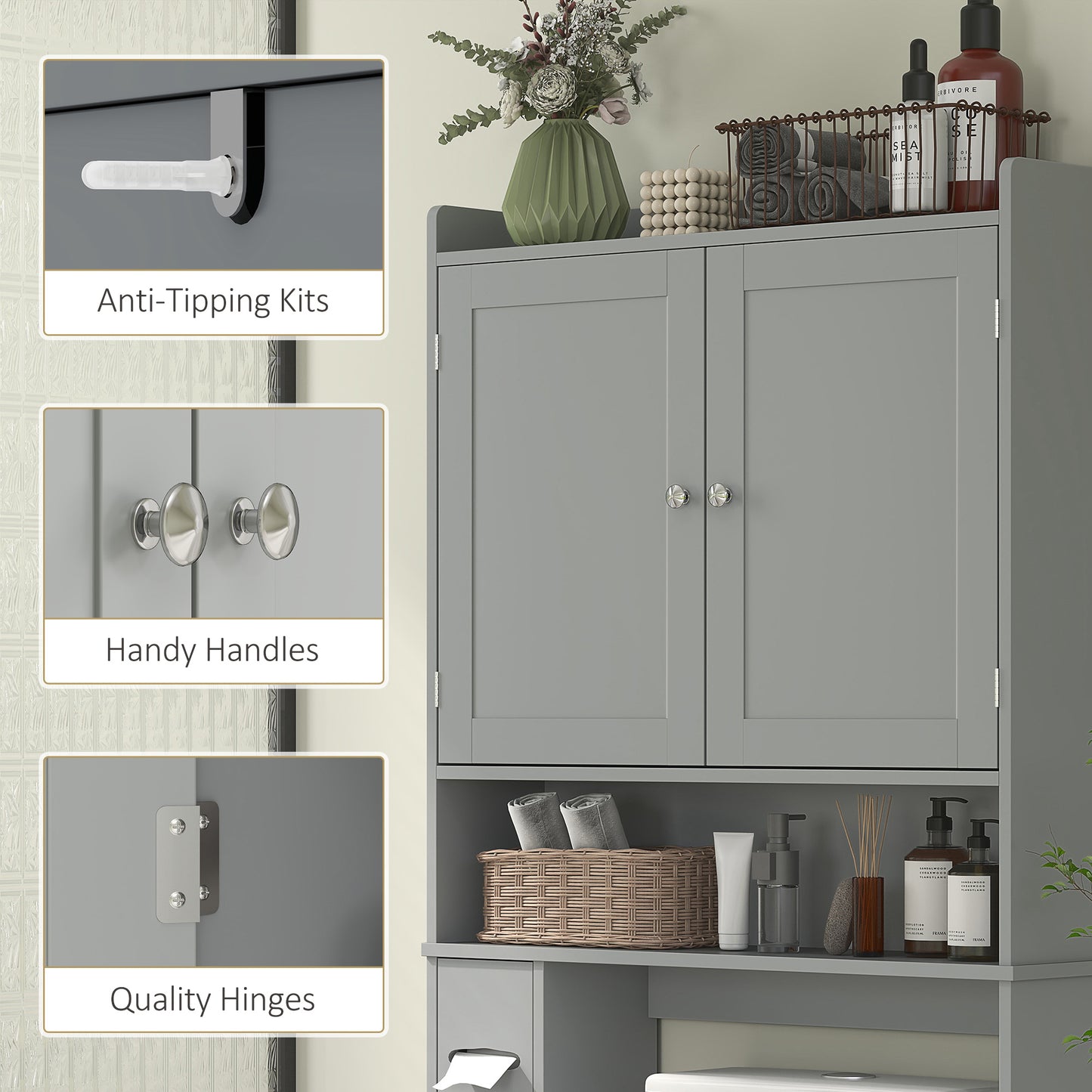 HOMCOM Modern Over the Toilet Storage Cabinet with 2 Doors, Above Commode Storage Cabinet with Toilet Paper Holder, Grey