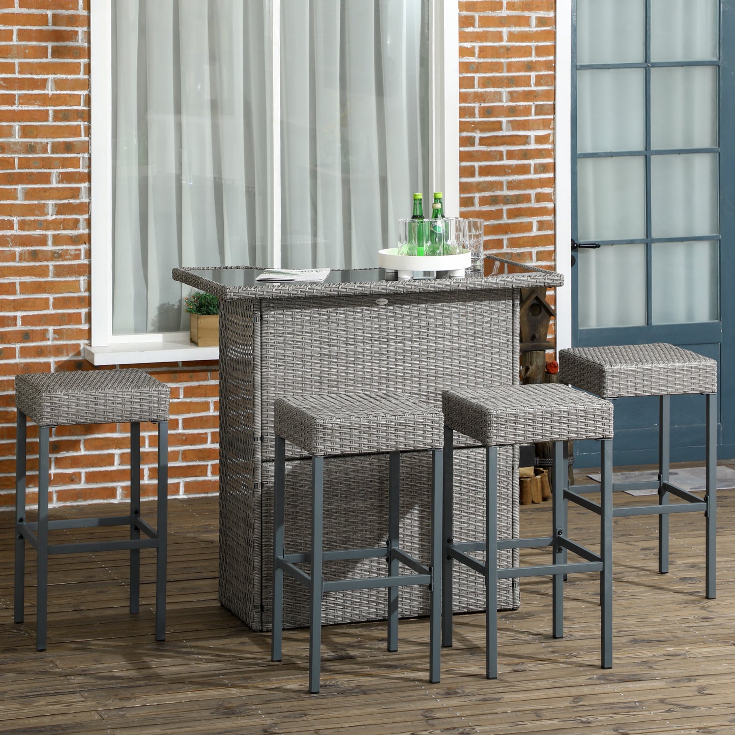 Outsunny 5 Pieces Patio Bar Set, Outdoor PE Rattan Wicker High Top Outdoor Table and Chairs Outdoor Bar Set with Tempered Glass Top Bar Table and Shelves, 4 Bar Chairs, Dark Brown