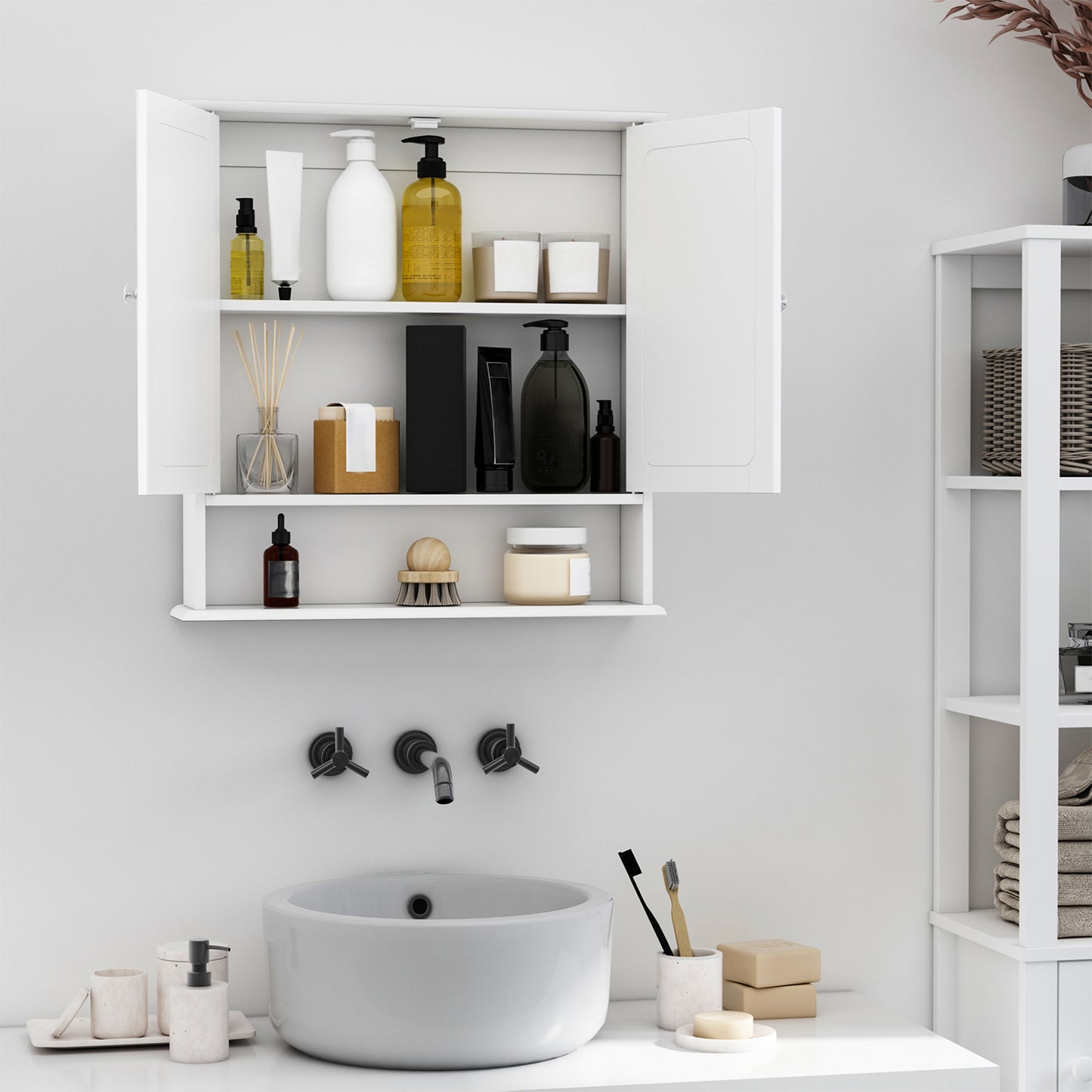 kleankin Medicine Cabinet, Wall-Mounted Bathroom Mirror Cabinet with Double Doors, Open Shelf, and Adjustable Shelf, Modern Bathroom Wall Cabinet, White