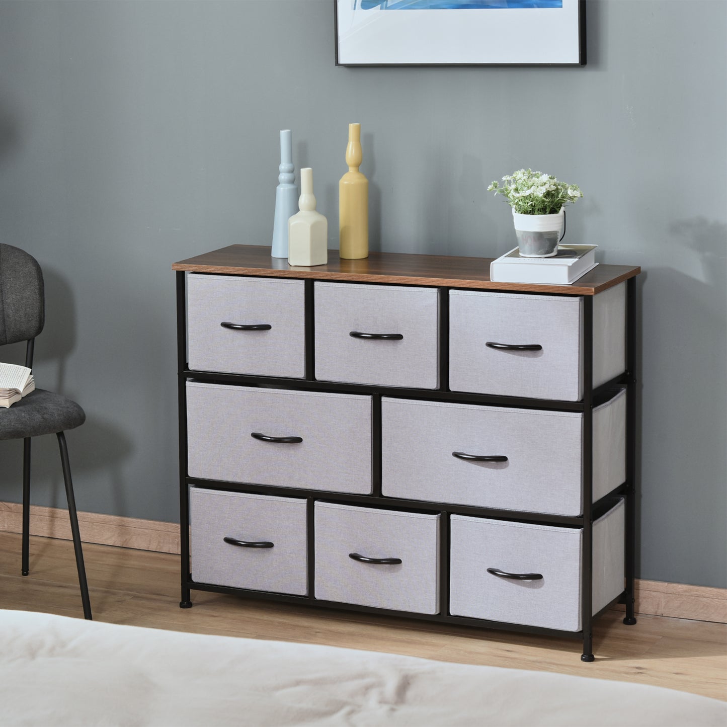 HOMCOM 8-Bin Dresser Storage Tower Cabinet Organizer Unit, Easy Pull Fabric Bins with Metal Frame for Living Room