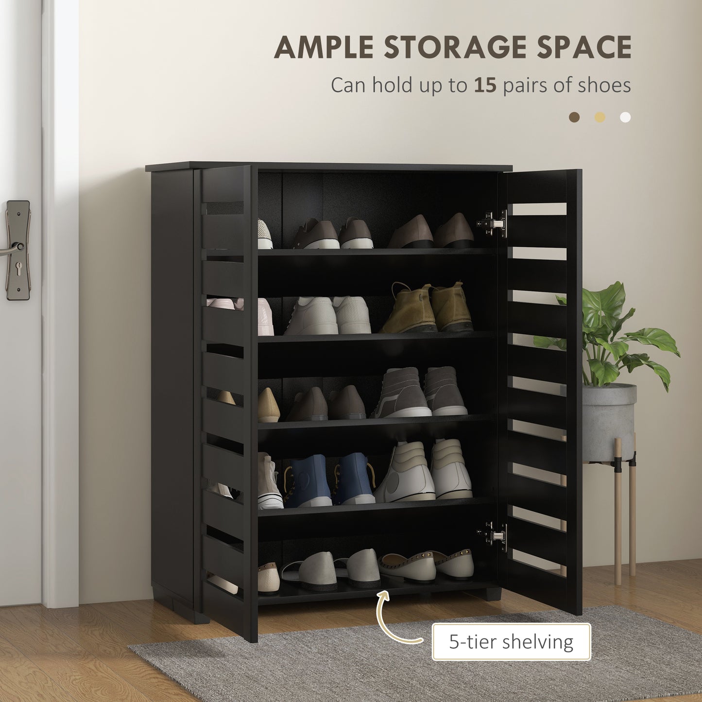 HOMCOM Shoe Storage Cabinet, Shoe Cabinet with 2 Slatted Doors for 15 Pairs of Shoes, Black