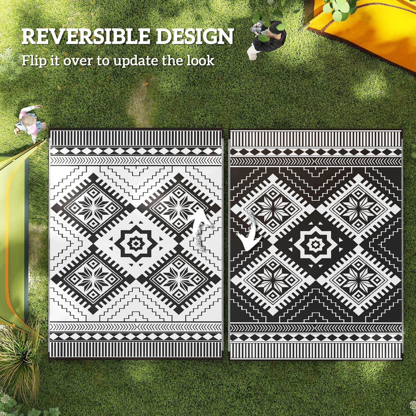 Outsunny 9' x 12' Outdoor RV Rug, Reversible Patio Floor Mat with Carry Bag, Toothed Rhombus, White and Black