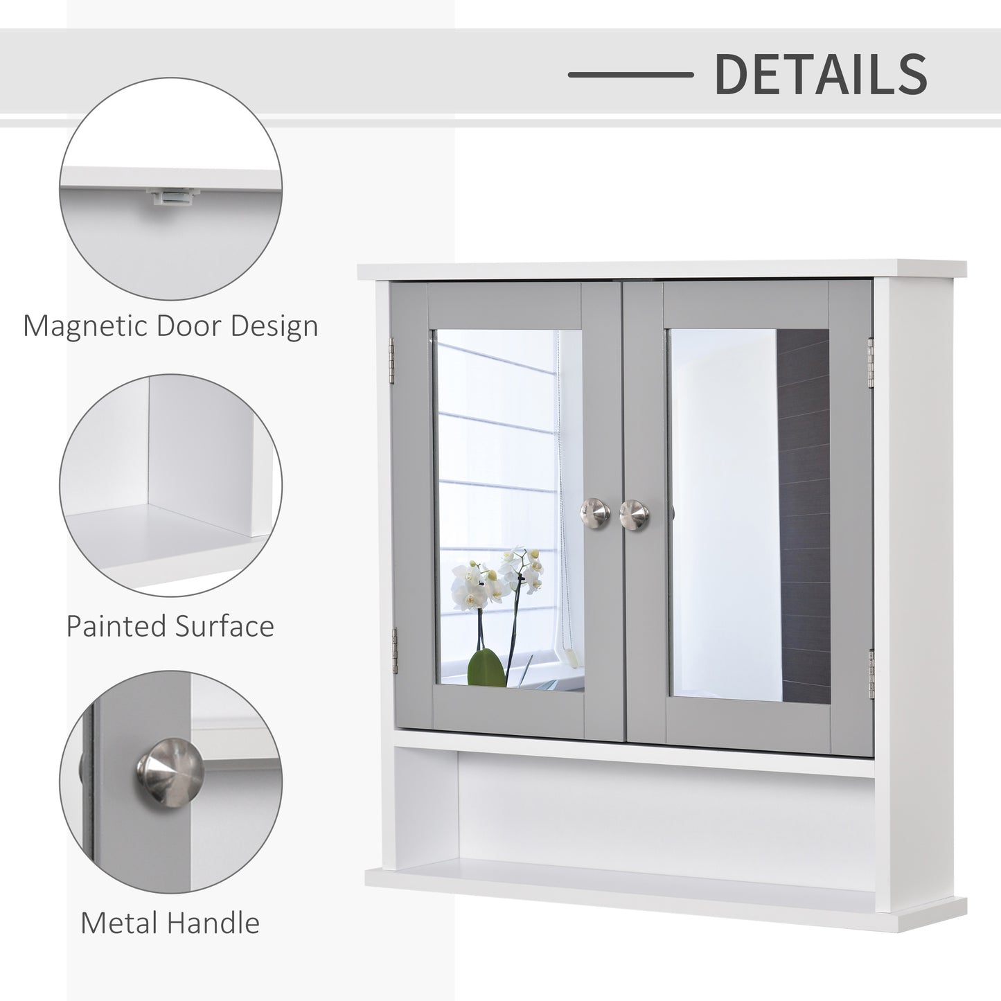 kleankin Medicine Cabinet, Wall-Mounted Bathroom Mirror Cabinet with Double Doors, Open Shelf, and Adjustable Shelf, Modern Bathroom Wall Cabinet, White and Grey