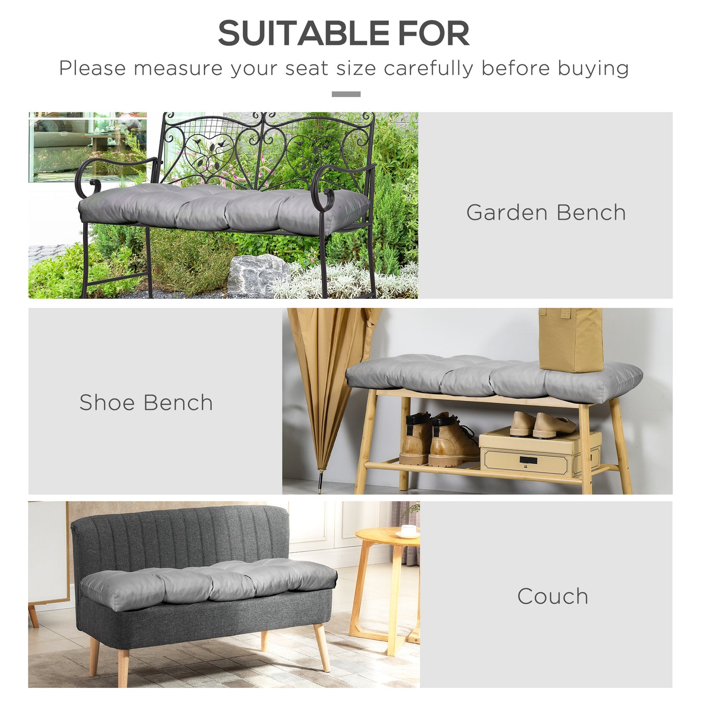 Outsunny Set of 2 Patio Bench Replacement Cushions, 2 Seater Outdoor Loveseat Cushion Seat Pad, 43" x 19" x 3", Gray