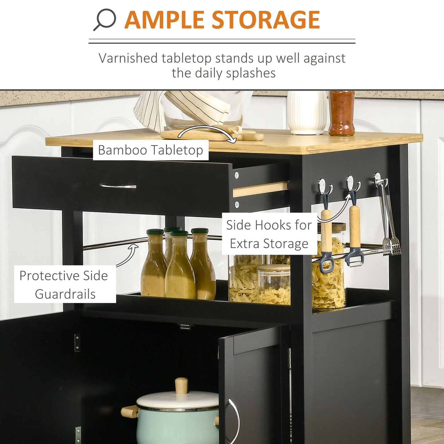 HOMCOM Kitchen Cart, Utility Trolley, Small Kitchen Island with Storage Drawer & Side Hooks for Dining Room, White