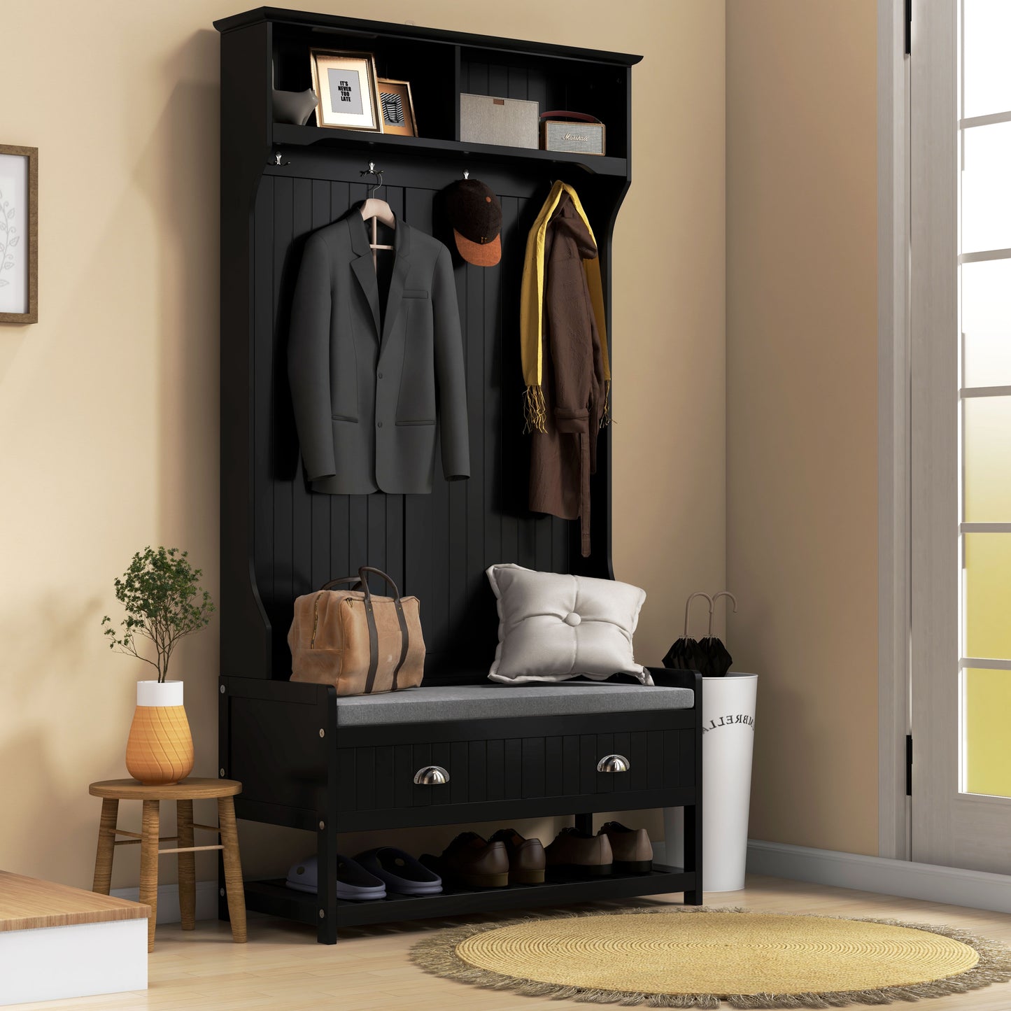 HOMCOM Coat Rack Shoe Bench, Hall Tree with Bench and Shoe Storage, Entryway Bench with 4 Hooks, 2 Drawers, 2 Shelves, Black