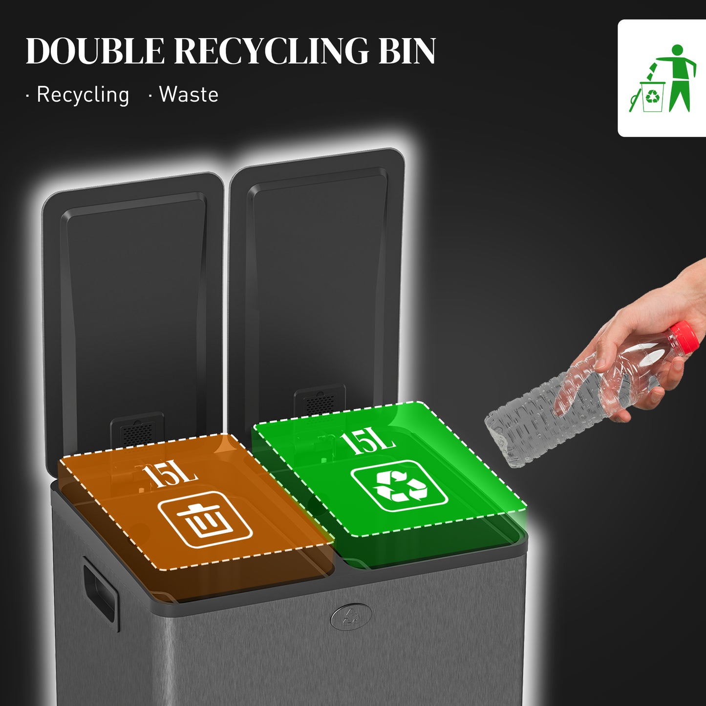 HOMCOM Dual Garbage Bin, Soft-Close Trash Can with Foot Pedal, 2 x 20 Liter Garbage Can with Removable Inner Buckets, Black