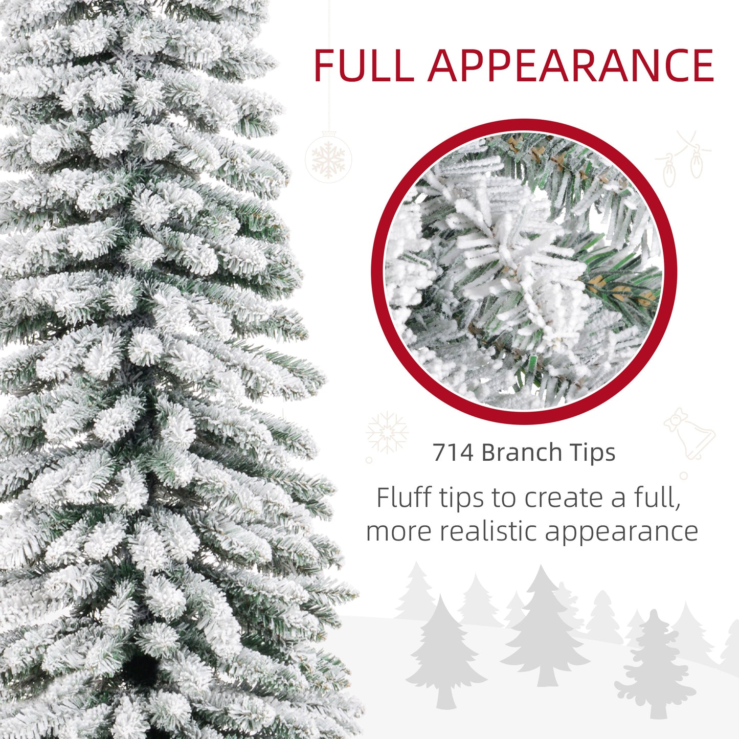 HOMCOM 6 Ft Snow-Flocked Artificial Christmas Tree, Slim Pencil Xmas Tree with Realistic Branches, Metal Base, Green
