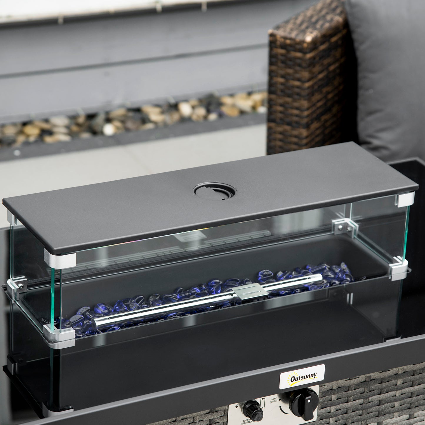 Outsunny Propane Fire Pit Table 43in Outdoor Fire Table, 50,000 BTU Pulse-Ignition Wicker Firepit Furniture with Glass Wind Guard, Blue Glass Rock, CSA Certification, Black