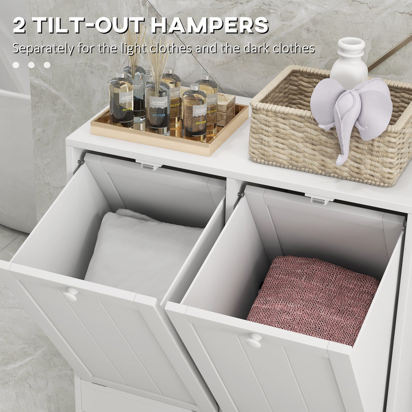 kleankin Tilt-Out Laundry Storage Cabinet, Modern Laundry Hamper with 2 Compartments for Bathroom Washroom, White