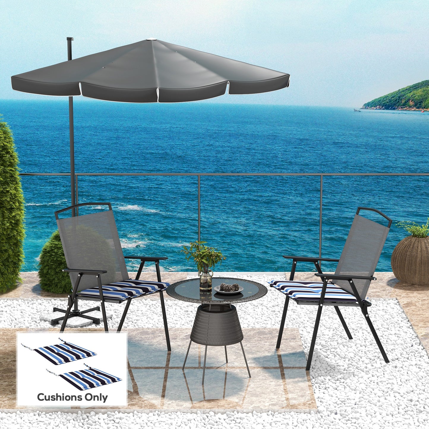 Outsunny 2-Piece Seat Cushion Replacement, Outdoor Patio Chair Cushions Set with Ties, Button Tufted, Blue White Strip