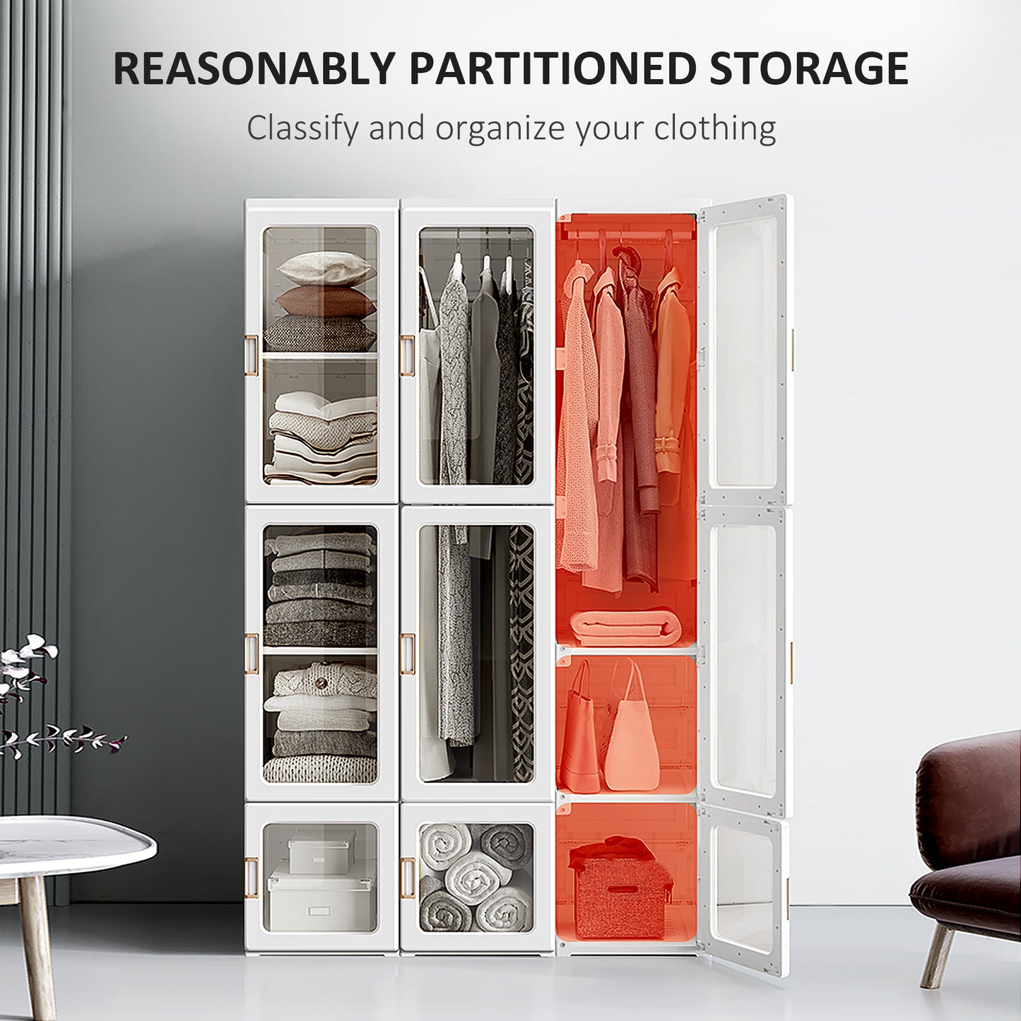 HOMCOM Portable Wardrobe Closet, Bedroom Armoire, Foldable Clothes Organizer with Cube Storage, Hanging Rods, Magnet Doors, White