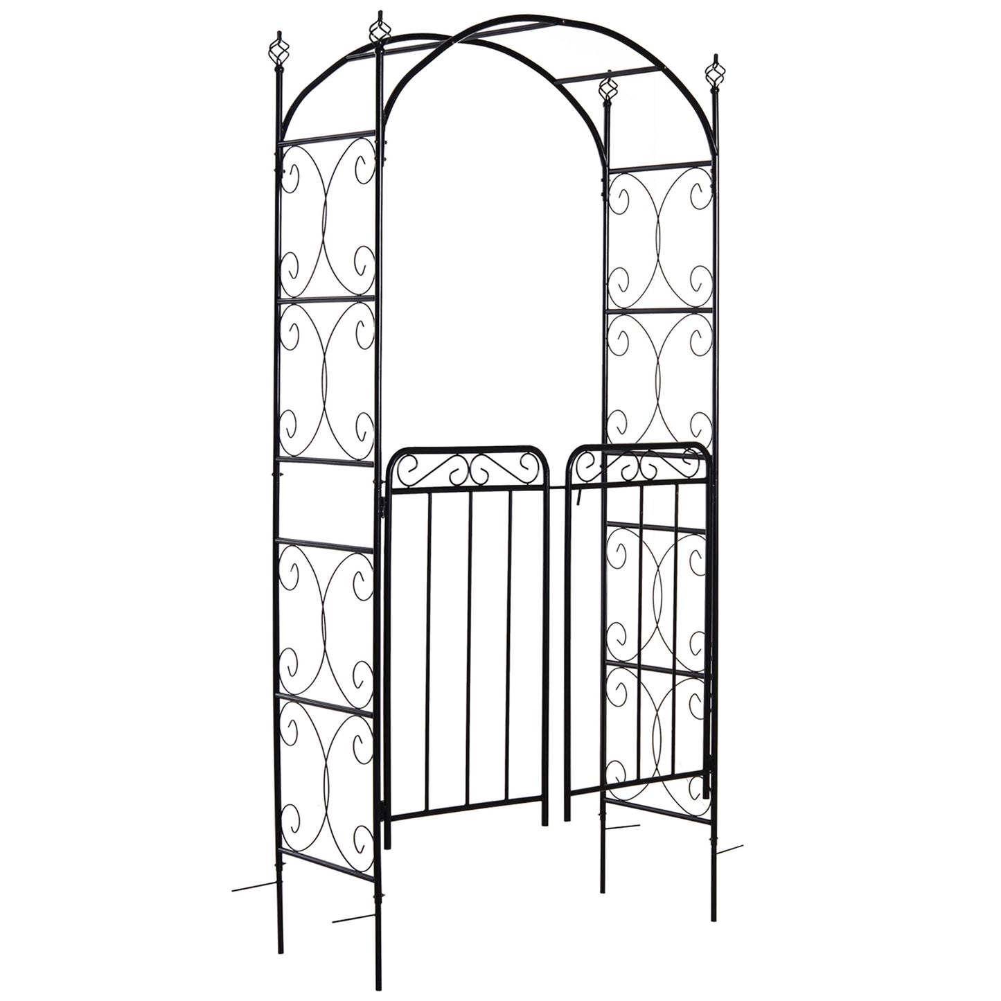 Outsunny 7.2FT Metal Garden Arbor Arch with Double Doors, 2 Side Planter Baskets, Climbing Vine Frame, Black