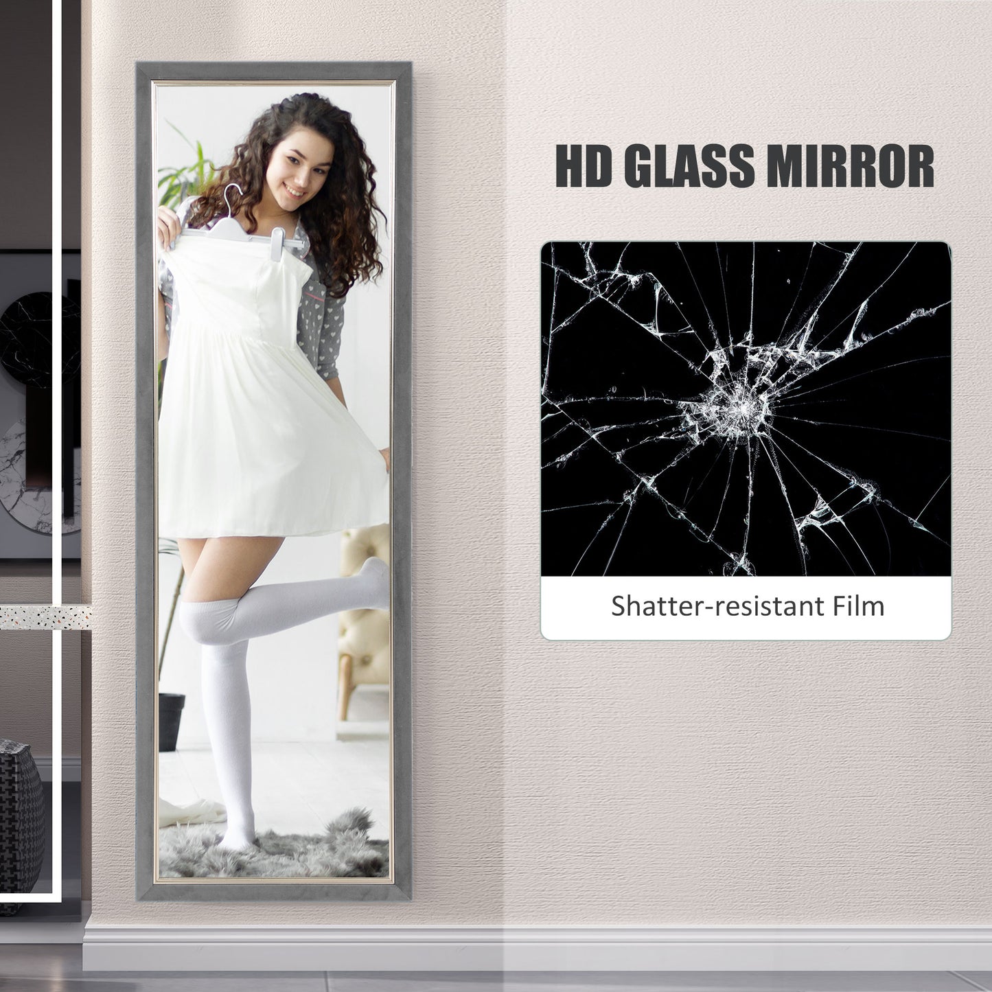 HOMCOM Floor Standing Mirror, Full Body Mirror, Free Standing, Leaning or Wall Mirror with Frame for Bedroom, Grey