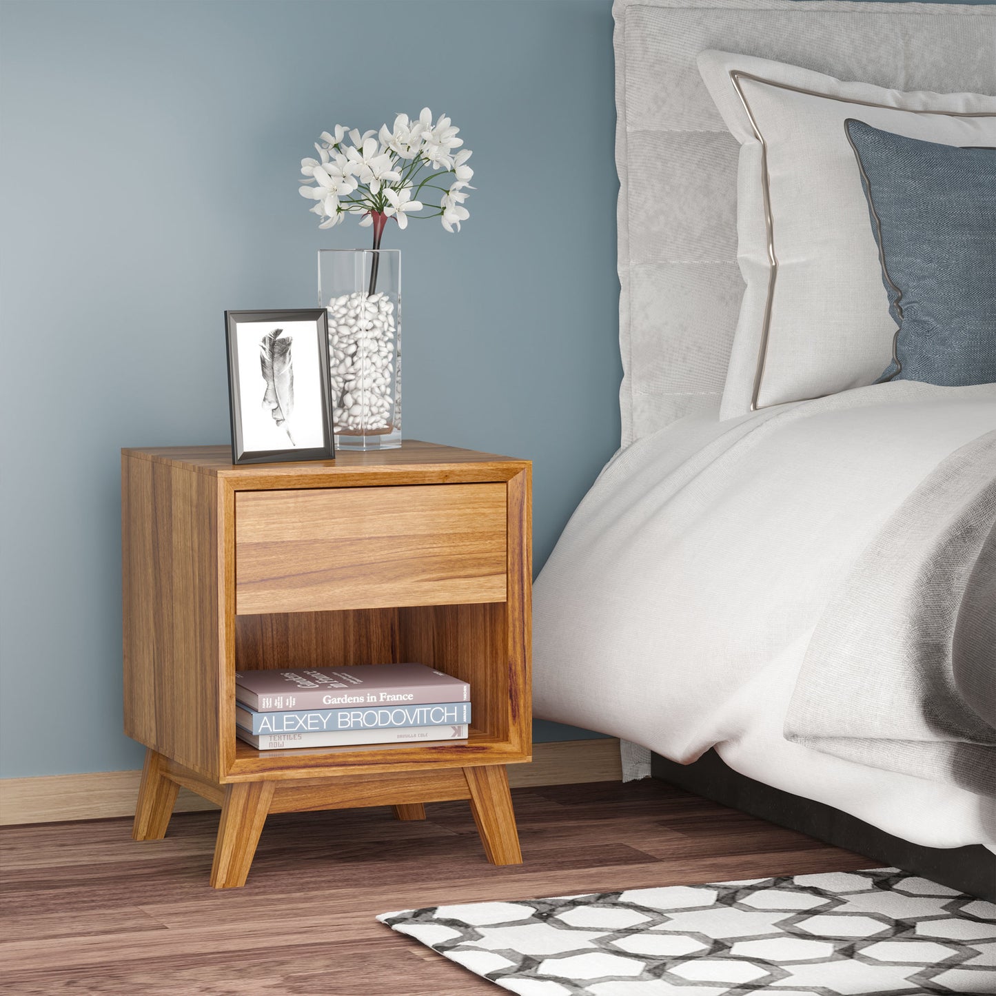 HOMCOM Bedside Table for Bedroom, Nightstand with Drawer and Shelf, Modern Side End Table, Walnut Brown