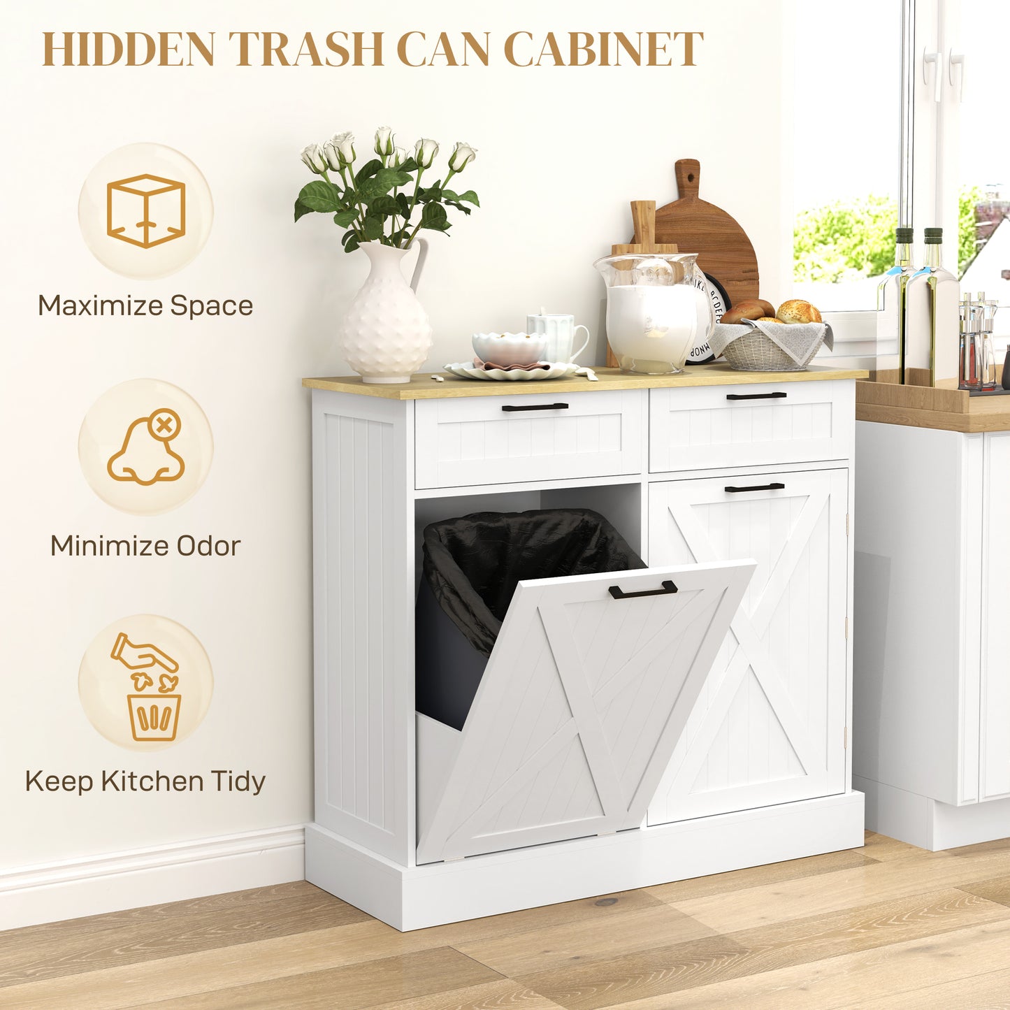 HOMCOM 10 Gallon Hidden Garbage Bin Cabinet, Tilt Out Trash Cabinet w/ 2 Drawers, Freestanding Kitchen Island, Black