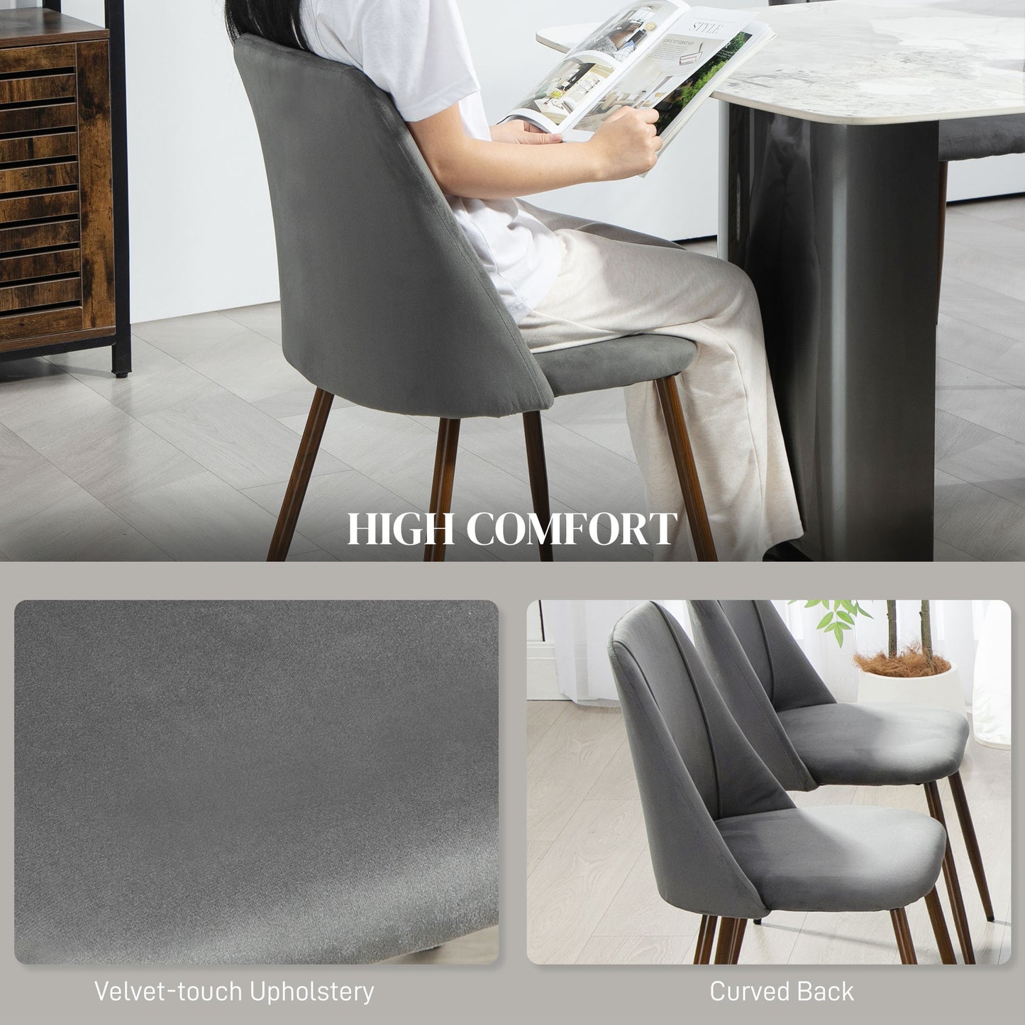 HOMCOM Upholstered Dining Chairs Set of 4, Velvet Accent Chair with Back and Wood-grain Steel Leg for Kitchen, Grey