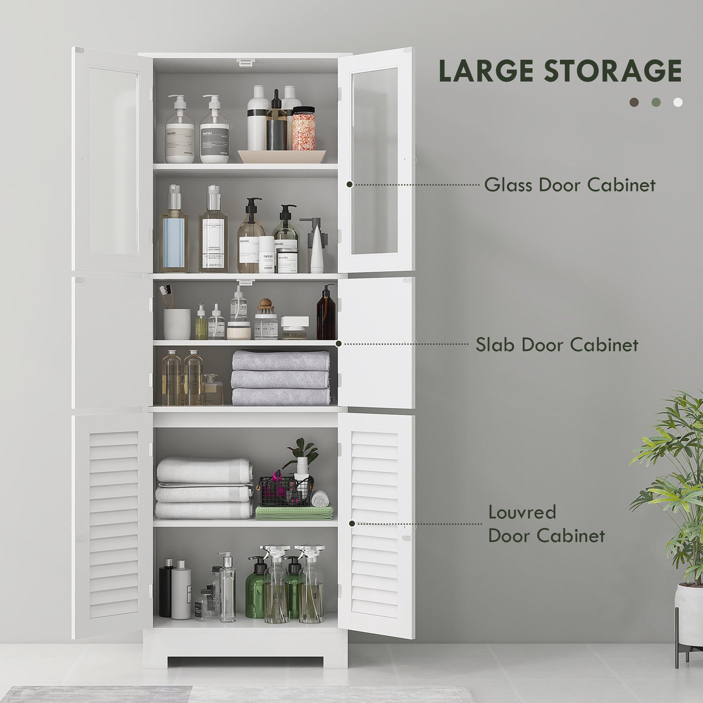 HOMCOM Freestanding Bathroom Cabinet with Glass/Louvred Doors, Tall Bathroom Cabinet for Kitchen, Study, Living Room
