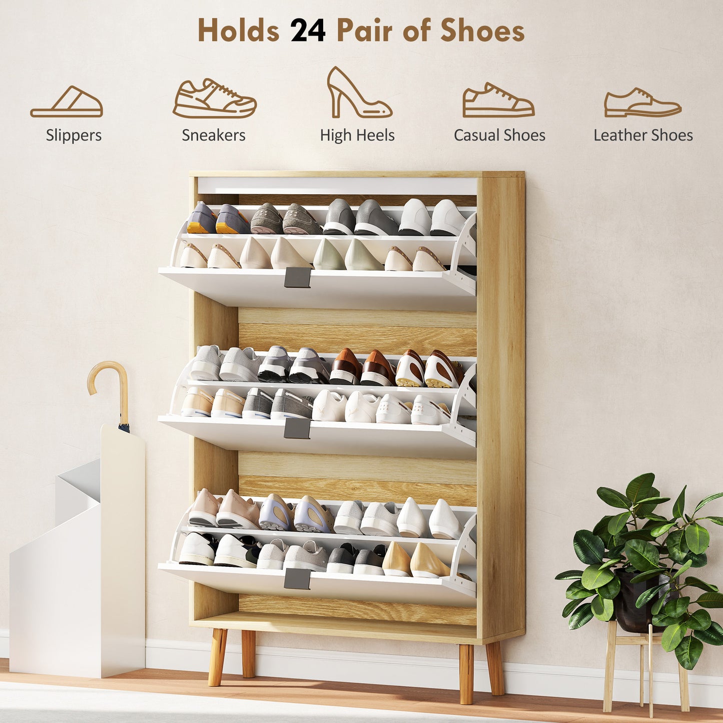 HOMCOM Narrow Shoe Cabinet, High Gloss Shoe Storage Cabinet with 4 Flip Drawers and Adjustable Shelves, Holds 20 Pairs, White