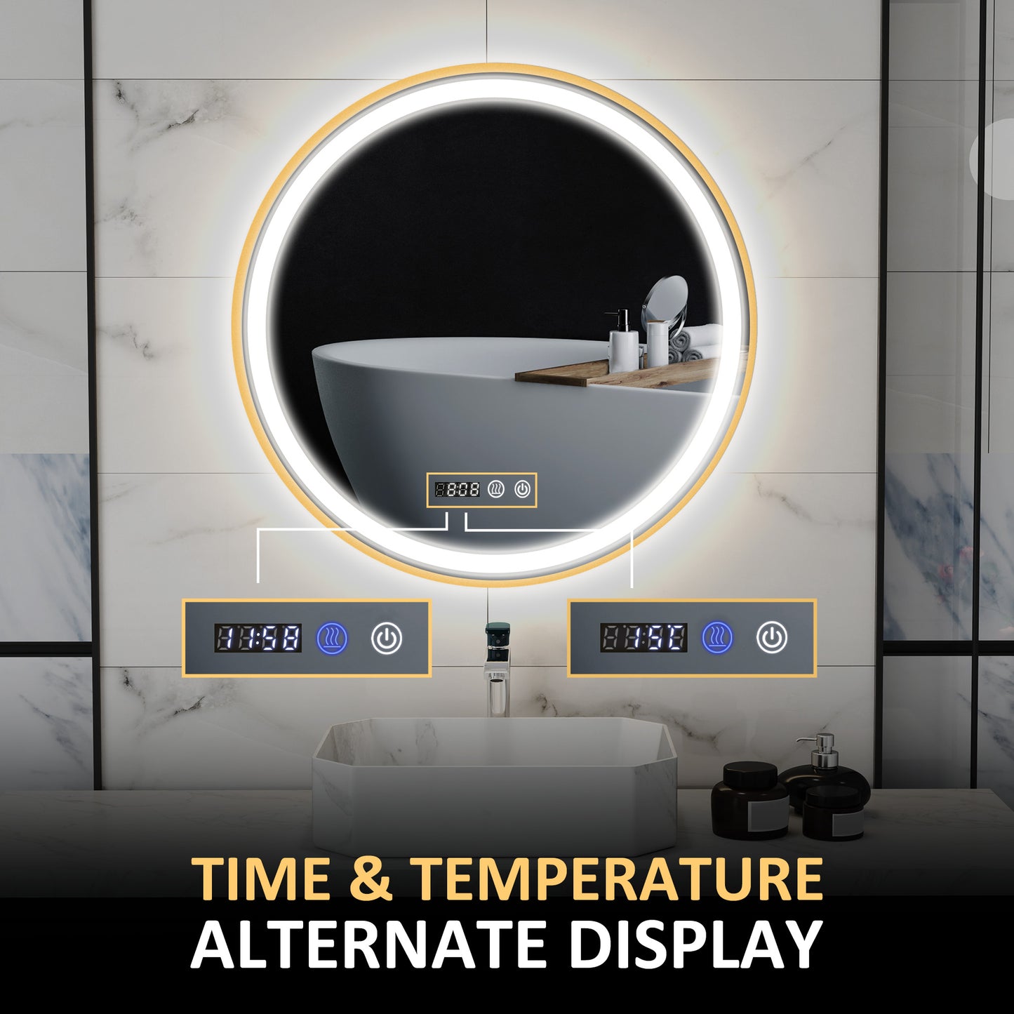 HOMCOM 24" Round Bathroom Mirror with LED Lights, Wall Mounted Vanity Mirror with Anti-Fog Pad, Time and Temp Display, Gold