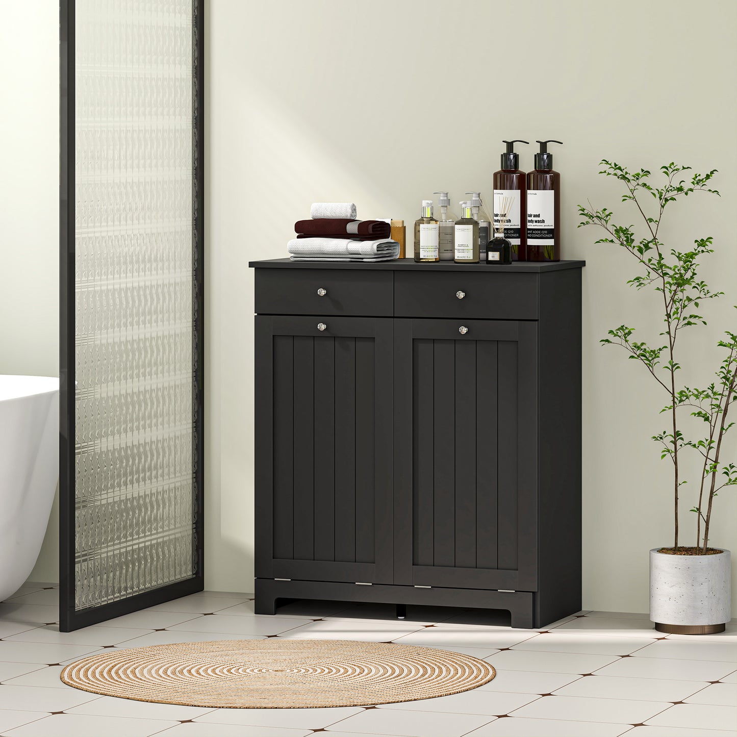 HOMCOM Laundry Cabinet, Tilt Out Laundry Hamper Cabinet with 2 Baskets, Bathroom Hamper Cabinet with 2 Drawers, Black