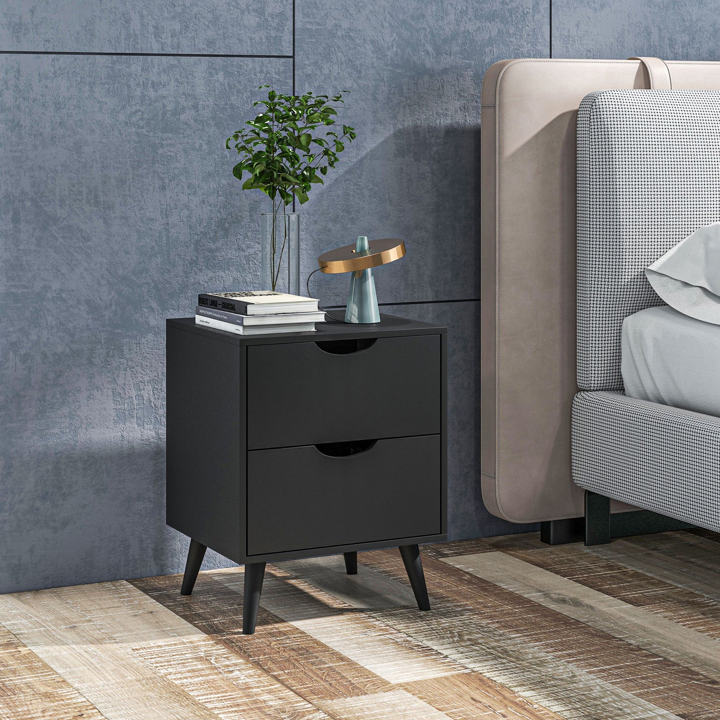HOMCOM Modern Bedside Table, Nightstand with 2 Drawers and Pine Wood Legs for Bedroom, Living Room, Black