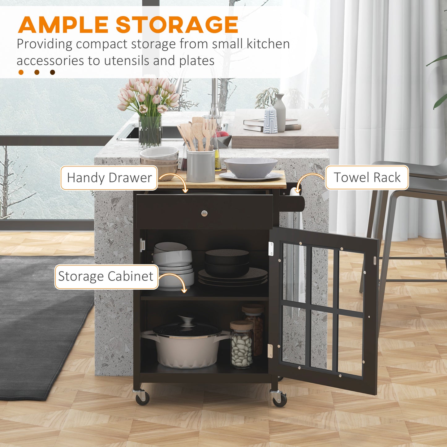 HOMCOM Rolling Kitchen Cart with Drawer and Glass Door Cabinet, Kitchen Island on Wheels with Towel Rack, White