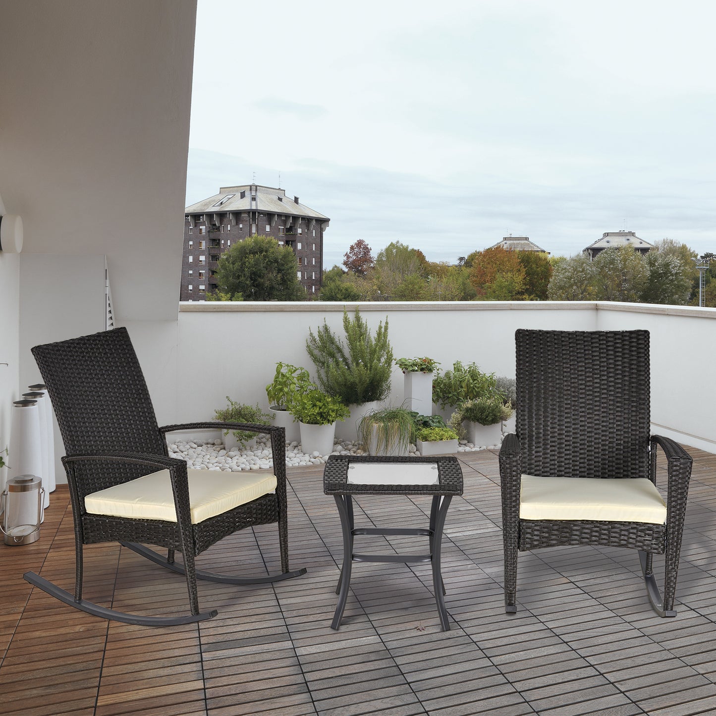 Outsunny 3 Pieces Patio Wicker Rocking Chair Set, Outdoor PE Rattan Bistro Set Conversation Rocker Set with 2 Chairs 1 Coffee Table for Backyard, Deck, Poolside, Dark Grey