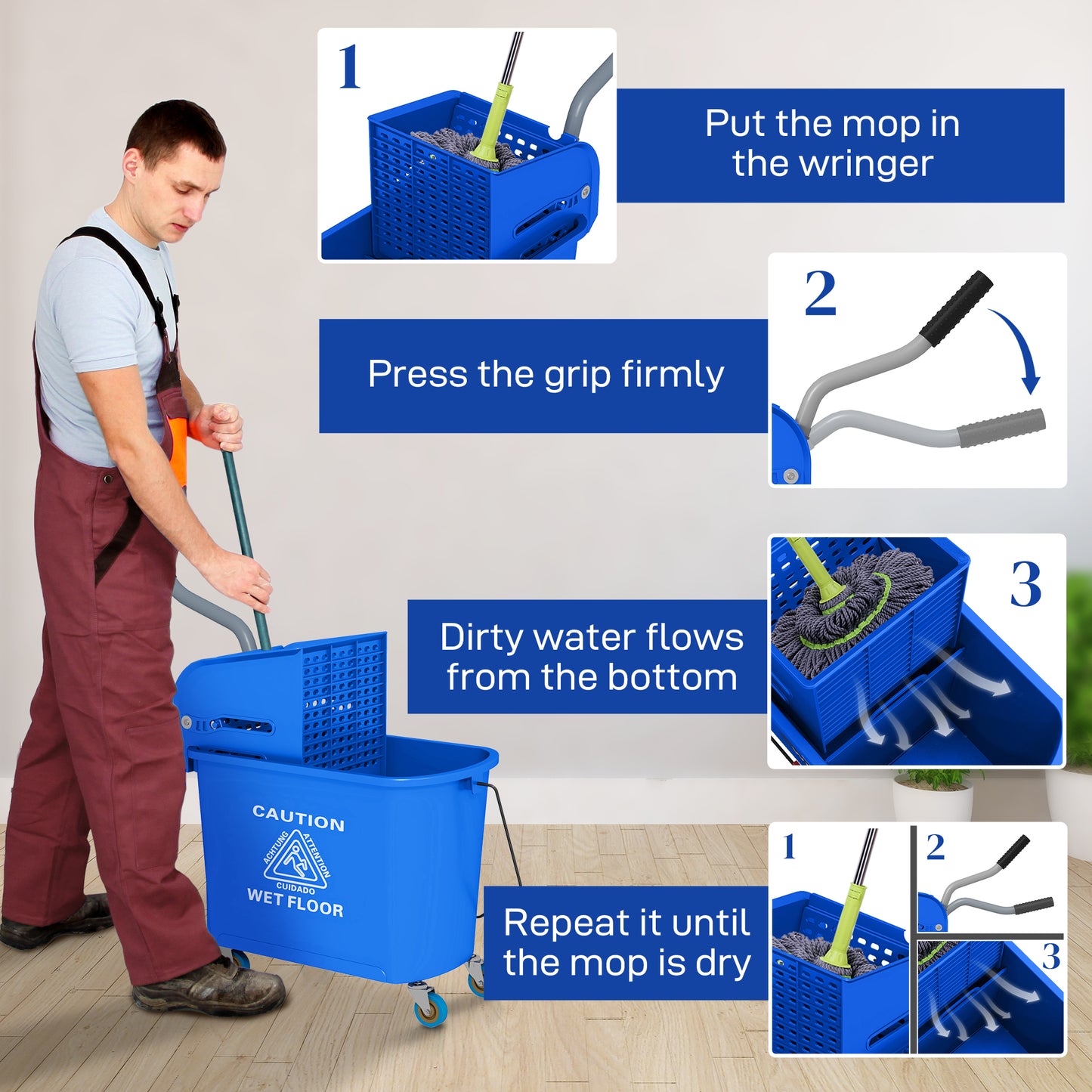 HOMCOM Compact Mop Bucket with Wringer, Mop Bucket on Wheels, 5 Gallon, Separate Dirty and Clean Water, Yellow