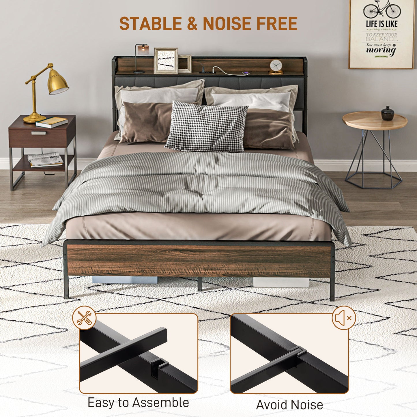 HOMCOM Queen Size Bed Frame with Charging Station, Queen Bed Frame with Upholstered Headboard and Storage Shelf, Walnut