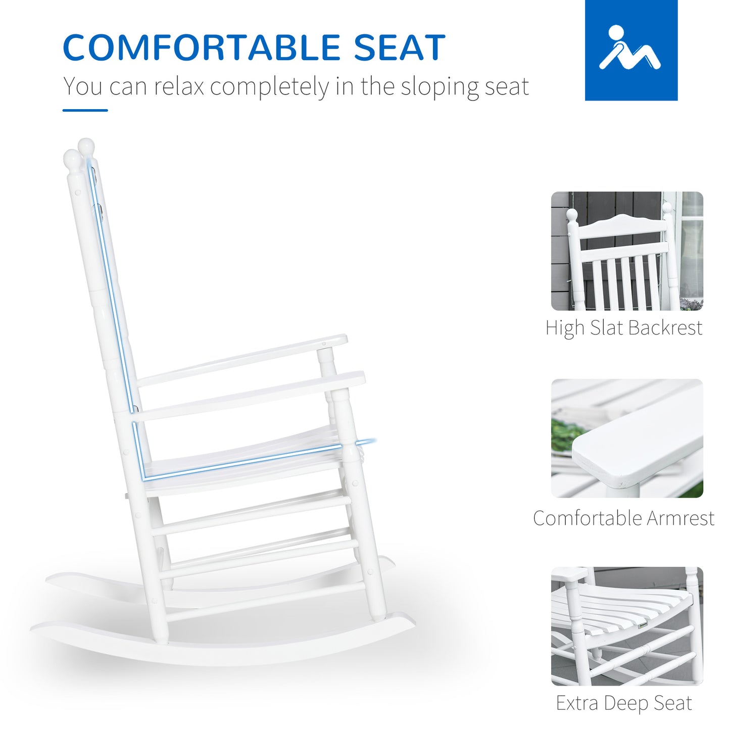 Outsunny Wooden Outdoor Rocking Chair, Patio Rocking Chair with Slatted High Back and Armrests for Porch, Garden, Lawn, White