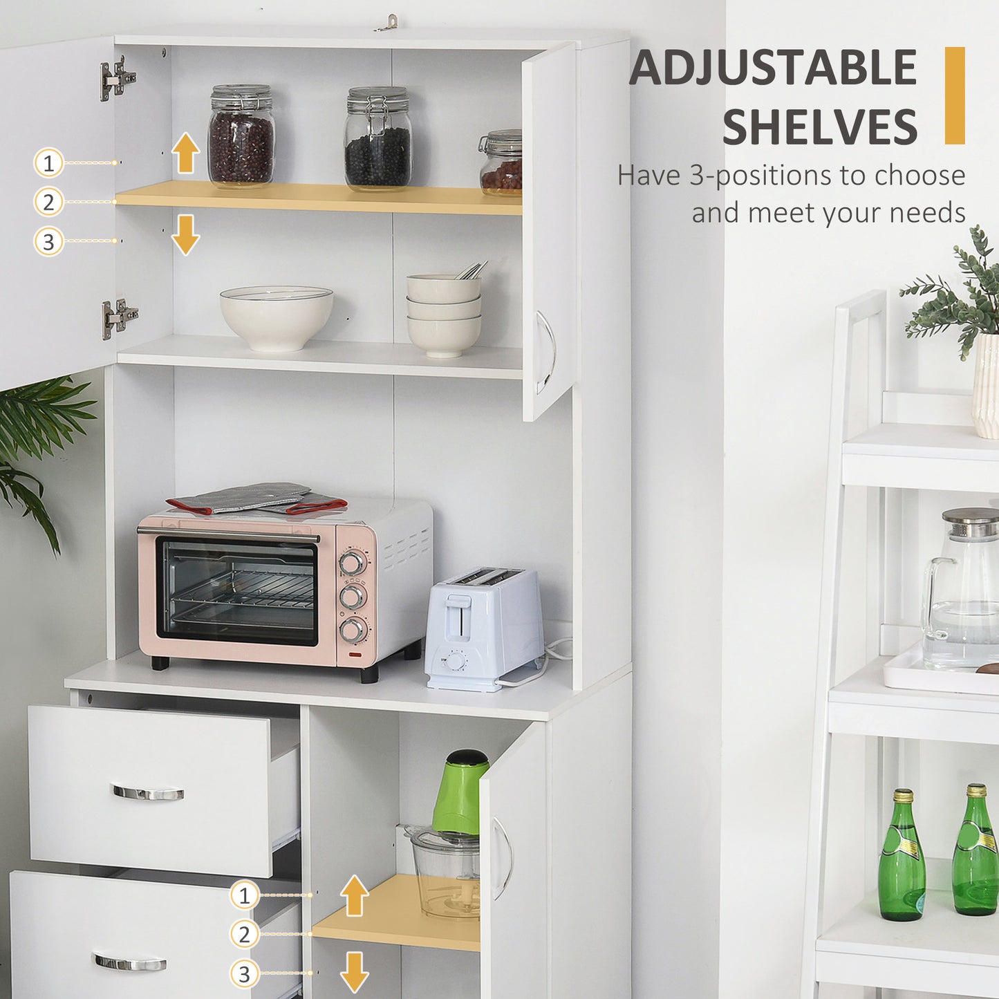 HOMCOM Freestanding Kitchen Buffet with Hutch Storage Organizer with 2 Door Cabinets, 3 Drawers and Open Countertop, Adjustable Shelf for Dining Room Pantry, White