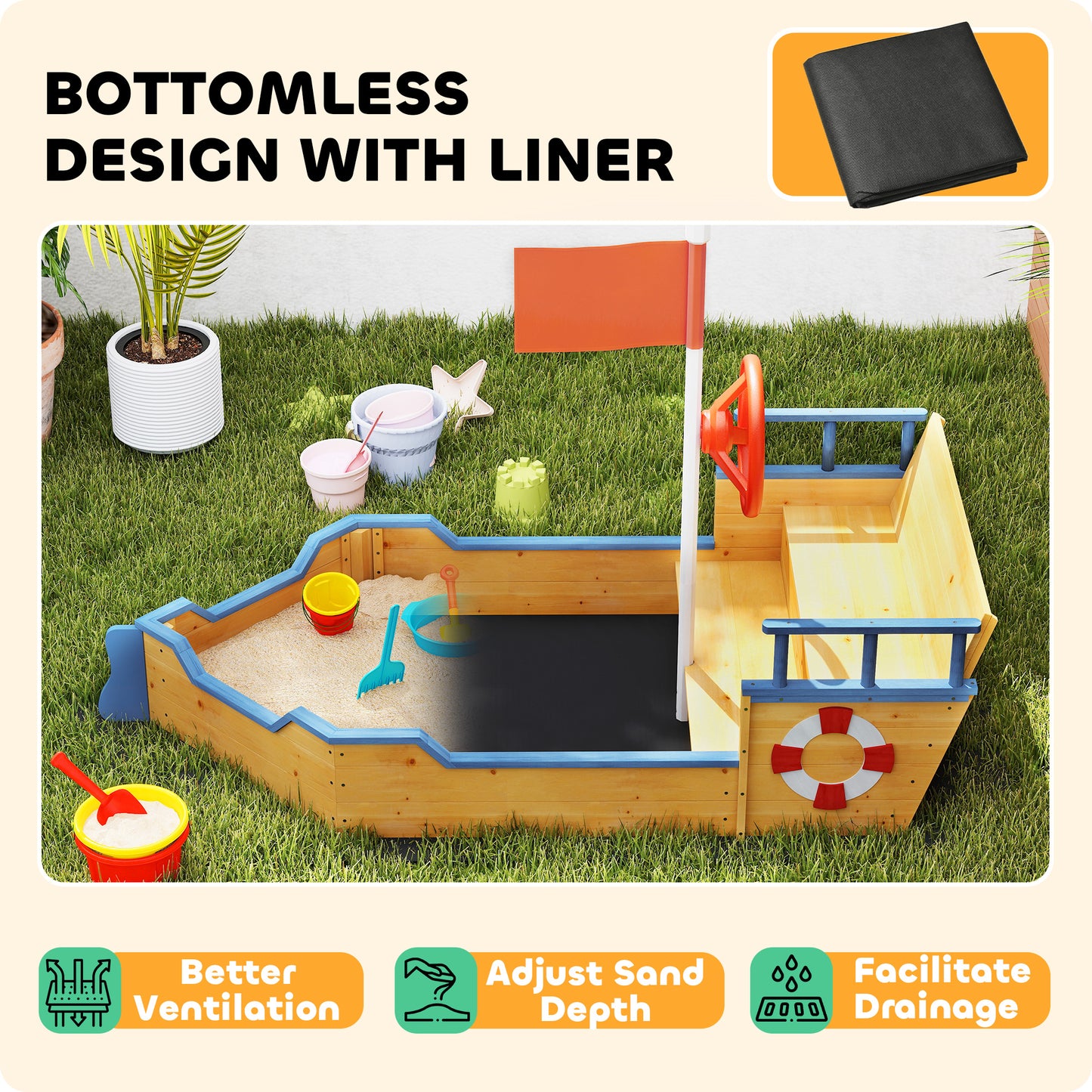 Outsunny Kids Wooden Sandbox Pirate Ship Sandboat Outdoor Backyard Playset Children Sandpit w/ Bench Seat Storage Space & Flag for 3-6 Years Old