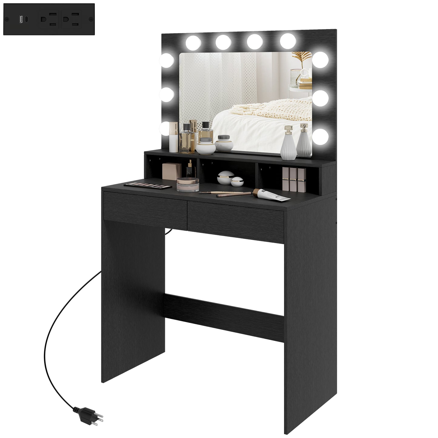 HOMCOM Vanity Table, Makeup Dressing Table with LED Lighting Mirror, Drawers, for Bedroom, Black