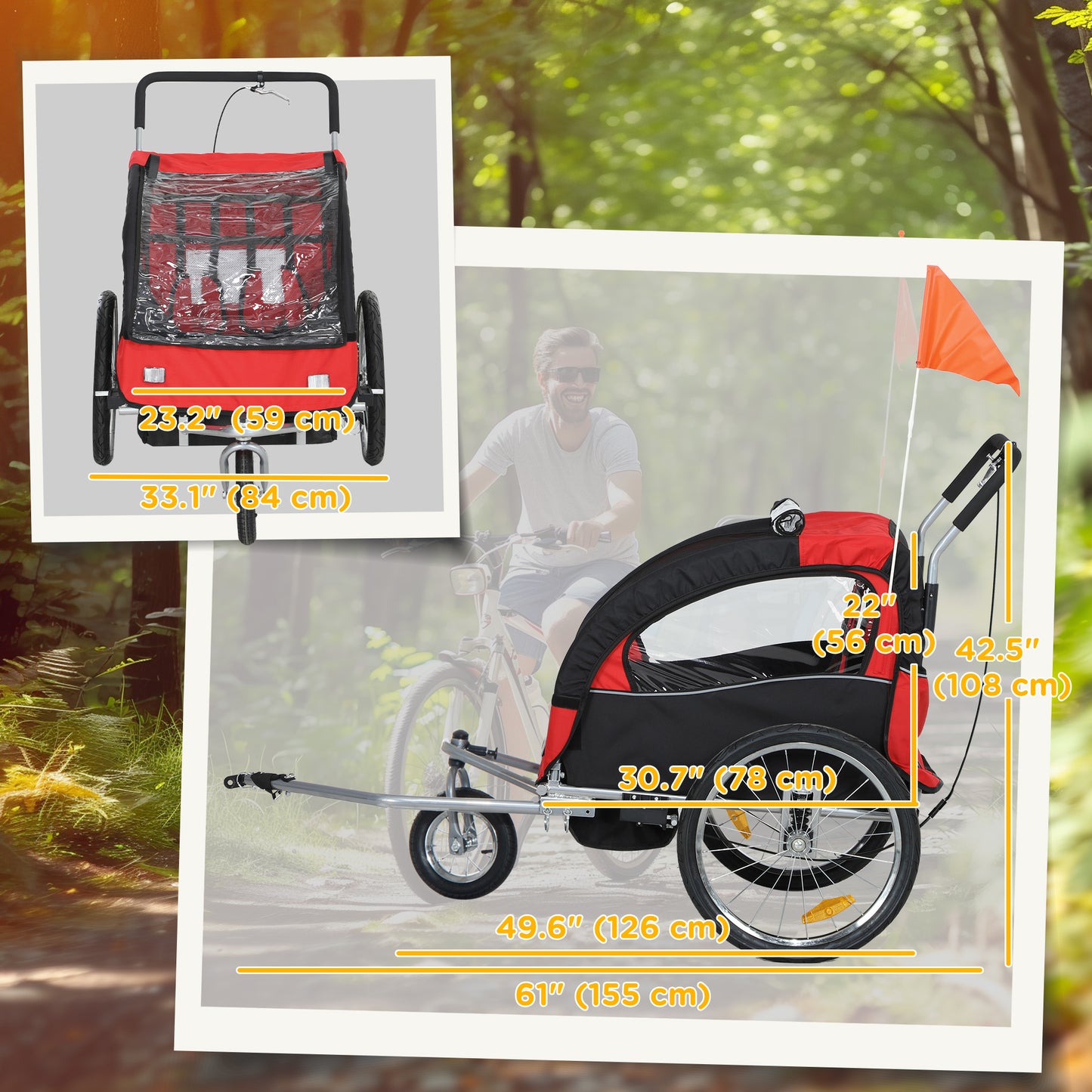 Aosom 2-in-1 Bike Trailer for Kids, Foldable 2-Seat Baby Stroller with 5-Point Harness, Rubber Wheels, Storage Bag, Black
