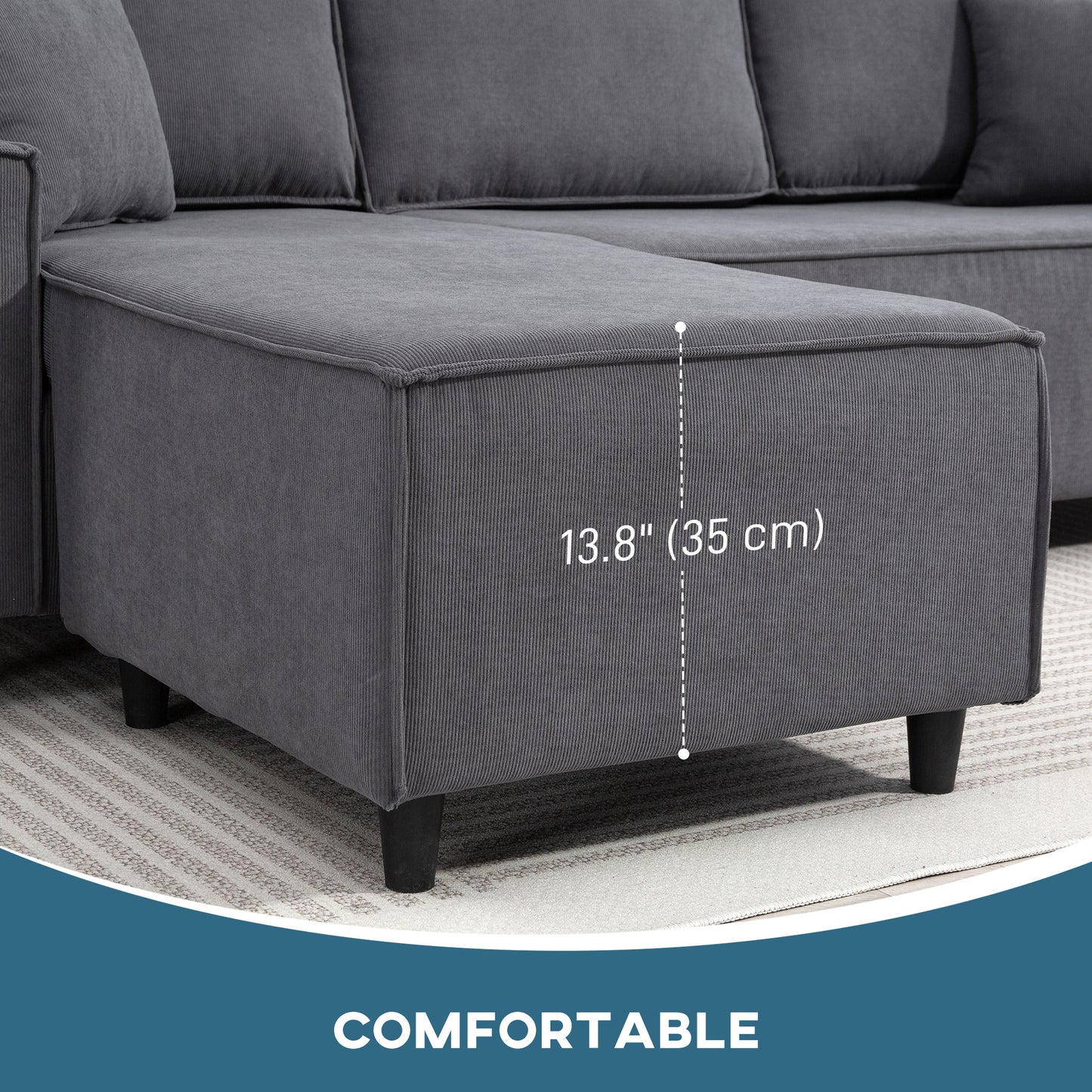 HOMCOM U Shape Couch with Double Chaise Lounge, Modern 4 Seater Sofa with Wooden Legs, Fabric Sofa for Living Room, Dark Grey