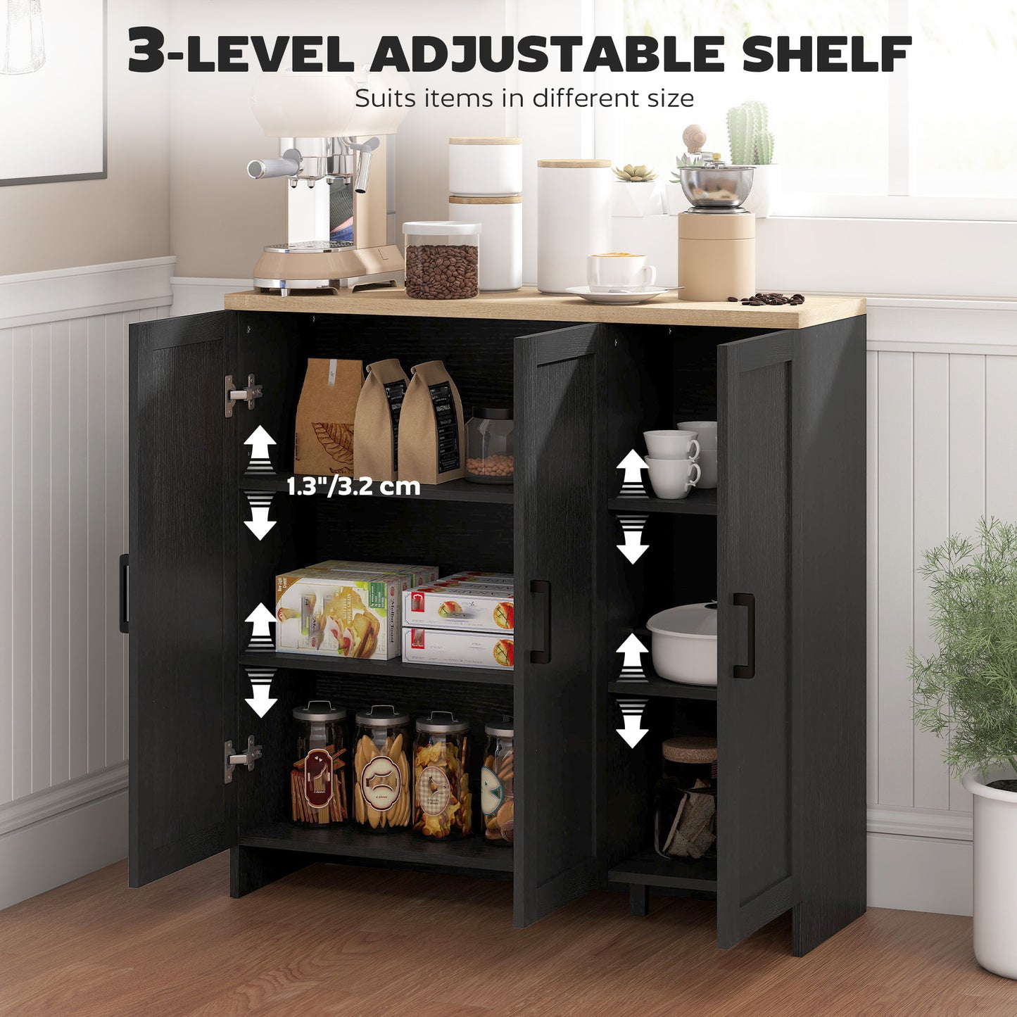 HOMCOM Modern Sideboard Buffet Cabinet, Modern Kitchen Storage Cabinet with 3 Doors Adjustable Shelves, for Dining Room, White