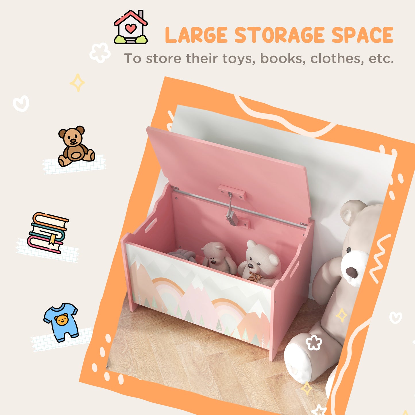 Qaba Toy Box with Lid, Toy Chest Storage Organizer for Bedroom with Safety Hinge, Pink