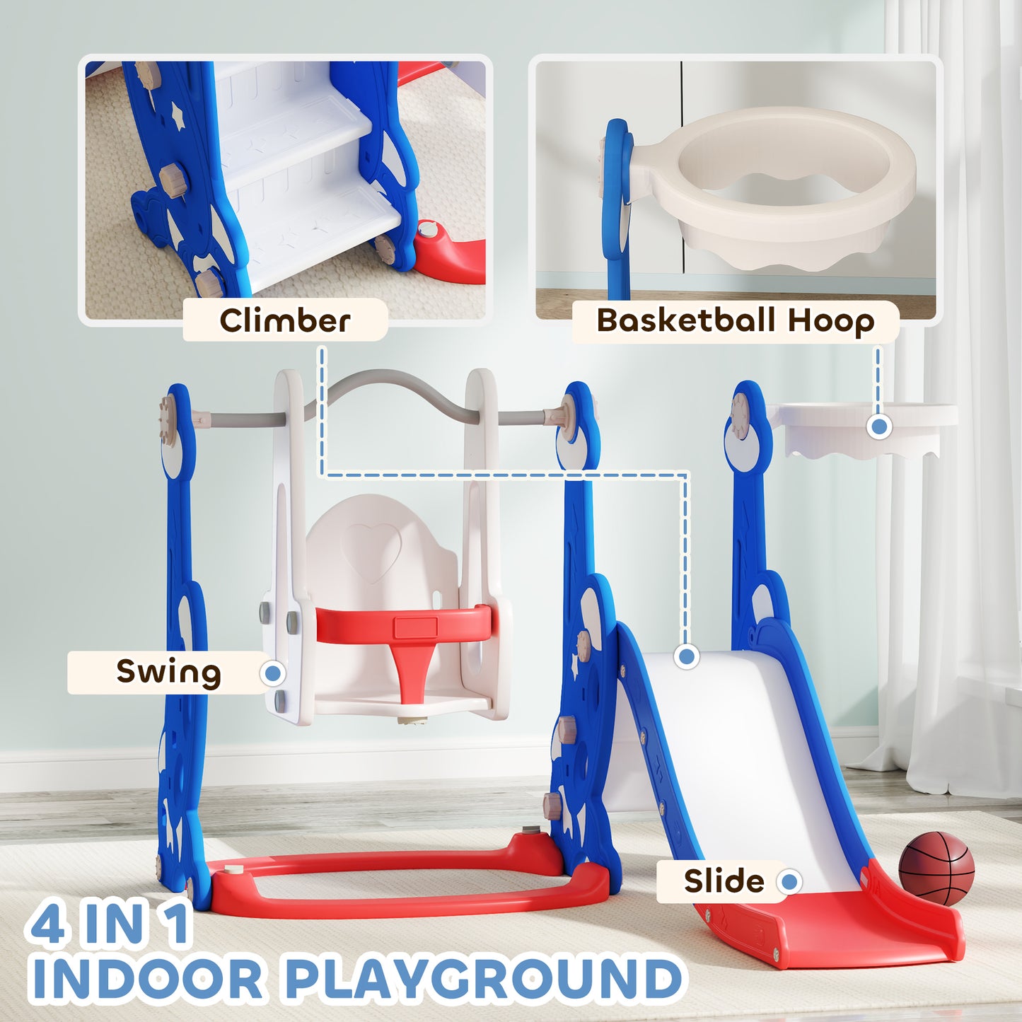Qaba 8 in 1 Slide and Swing Set, Baby Swing Set with Basketball Hoop, Climber, Steering Wheel, for Aged 1-3 Years, Yellow